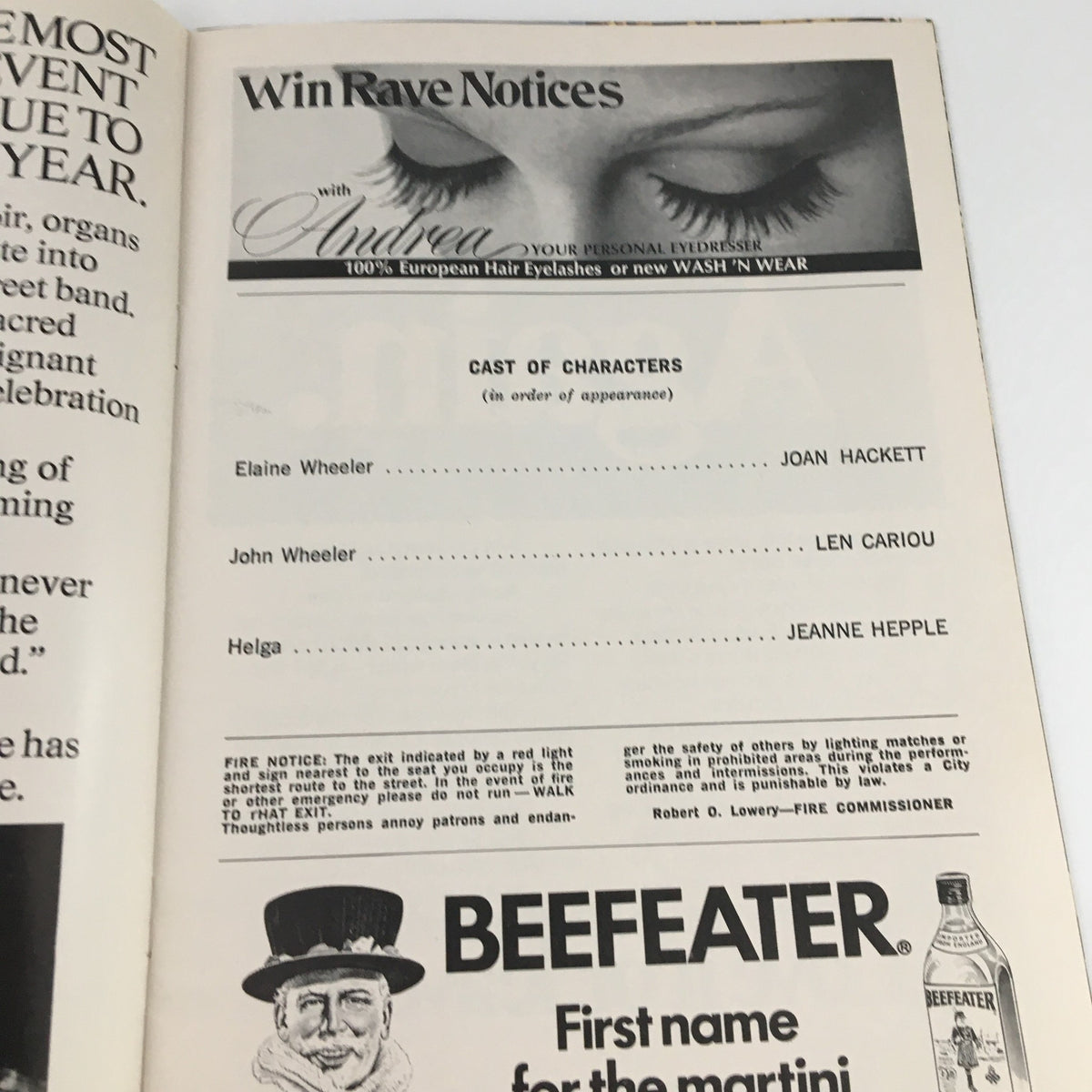 Inside page of 1972 Playbill from Morosco Theatre showing cast of characters for 'Night Watch,' featuring Joan Hackett and Len Cariou.