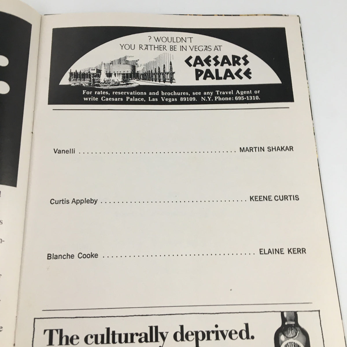 Inside page of 1972 Playbill from Morosco Theatre advertising Caesars Palace with cast credits including Keene Curtis.