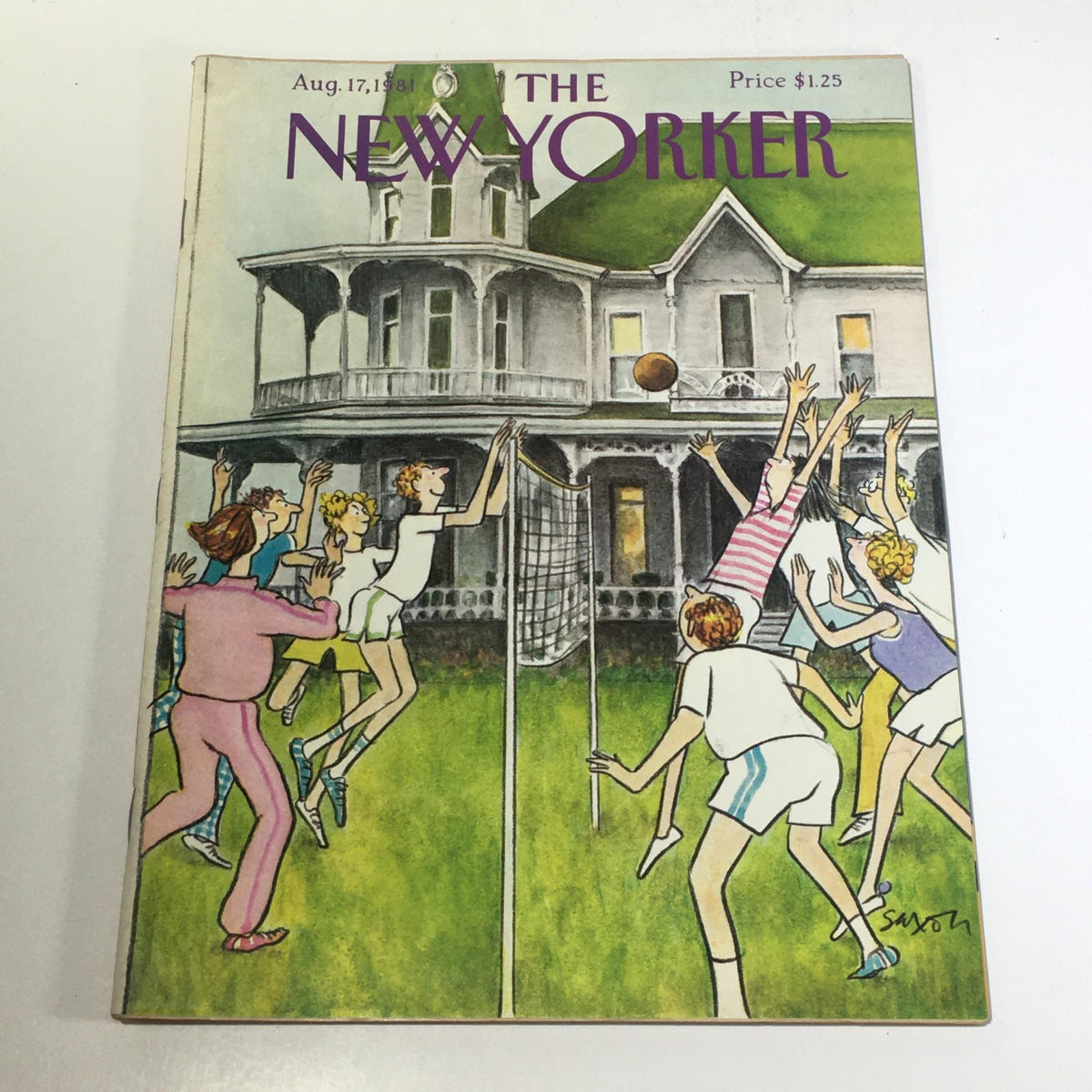 The New Yorker: August 17, 1981 vintage magazine cover illustrated by Charles Saxon, featuring a lively scene of people playing games in front of a Victorian-style house, capturing the cultural essence of the early '80s.