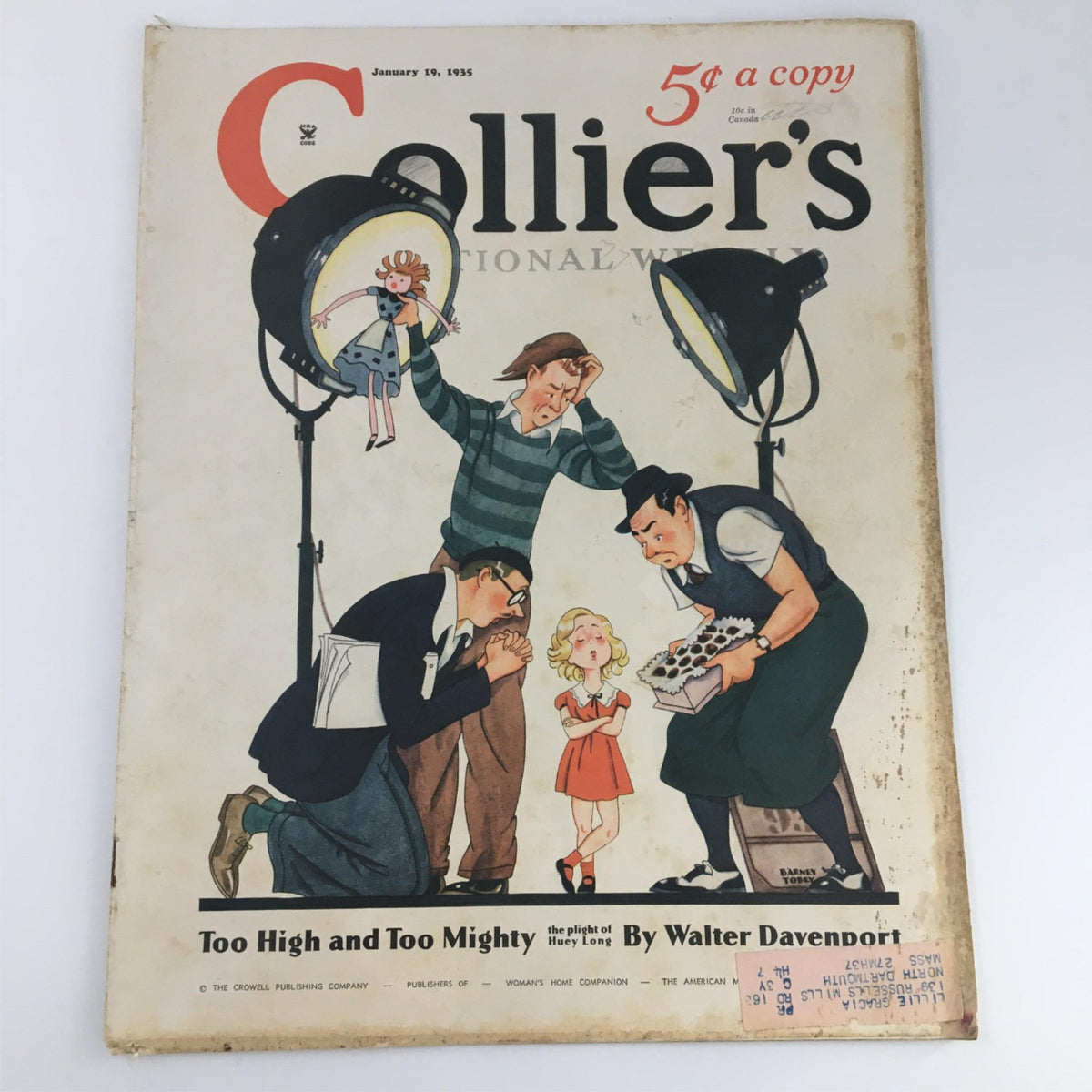 Cover of VTG Collier's Magazine January 19 1935 featuring the article 'Too High & Too Mighty' by Walter Davenport with an illustrated scene of characters and lighting equipment.