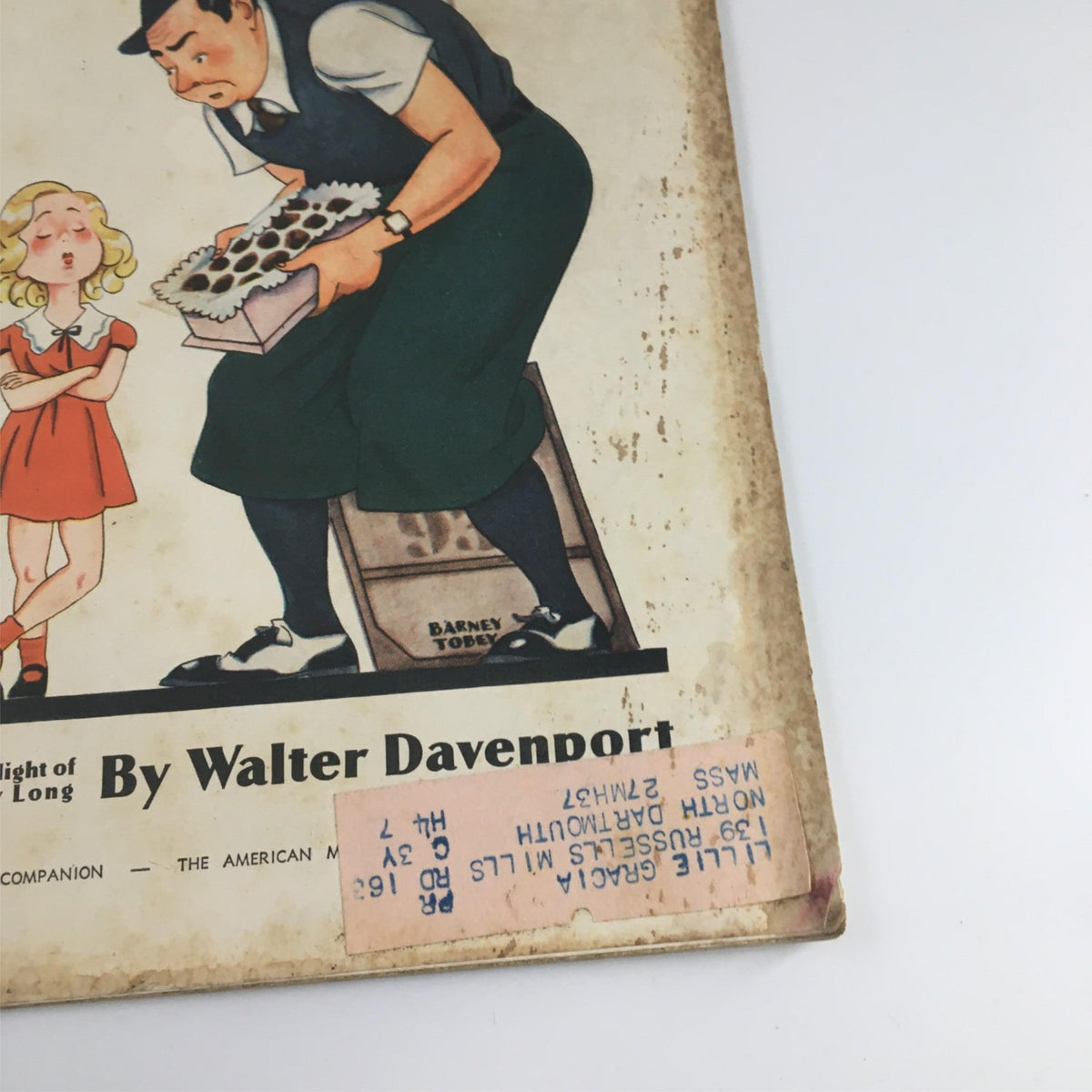 Cover of VTG Collier's Magazine January 19, 1935 featuring the article 'Too High & Too Mighty' by Walter Davenport, illustrating a whimsical scene with a man carrying a cake and a young girl in red, highlighting vintage cartoon art style.