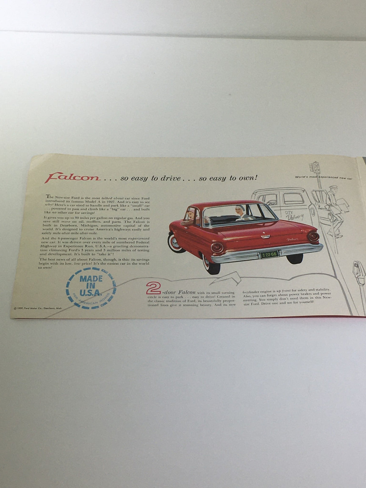 Inside view of Vintage 1959 Ford-Falcon The New-Size 2-Door Ford 90-HP V-6 Car Catalog Brochure showcasing details and illustrations of the vehicle and its features.