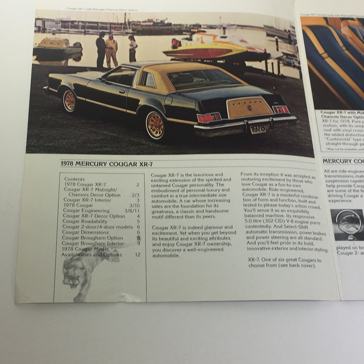 Interior page of the Vintage 1978 Mercury Cougar XR-7 catalog showcasing the car's design and features, with a detailed overview of specifications.