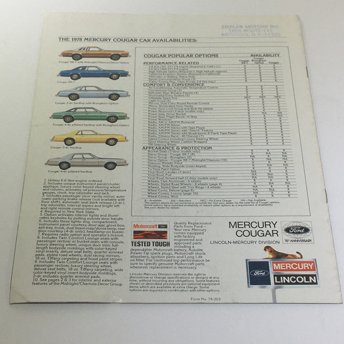 Back page of the Vintage 1978 Mercury Cougar XR-7 catalog listing available options and performance features with illustrations of different car models.