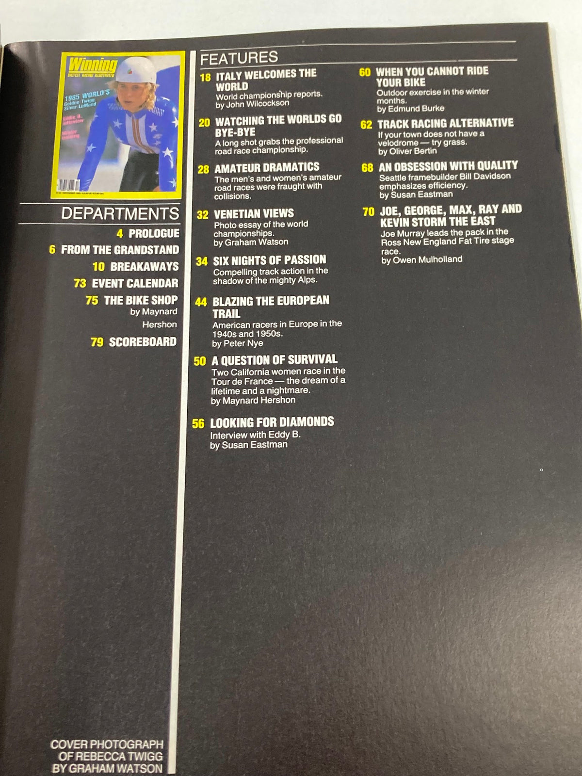 Inside page from VTG Winning Bicycle Racing Illustrated December 1985, showcasing the magazine's contents including features on cycling events and interviews, with a cover image of Rebecca Twigg.