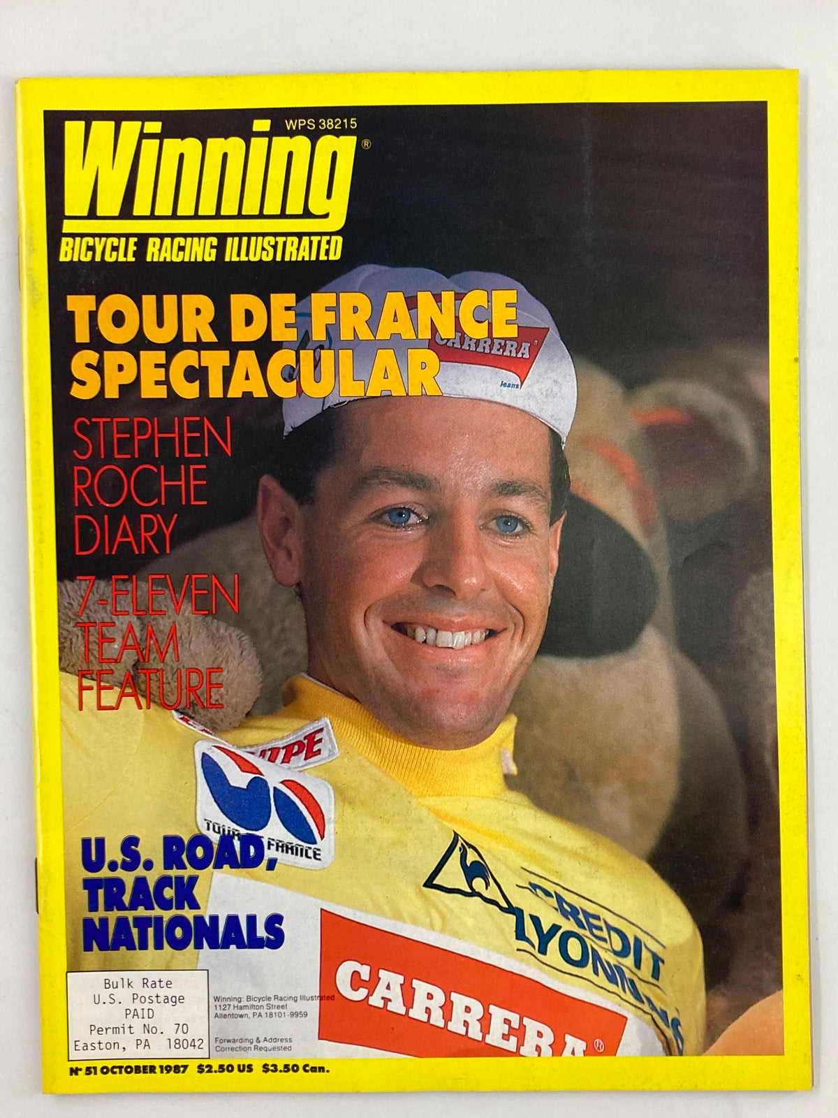 Winning Bicycle Racing Illustrated magazine cover, Issue #51, October 1987, featuring a cyclist in a yellow jersey, showcasing the Tour de France Spectacular and insights from Chris Carmichael.