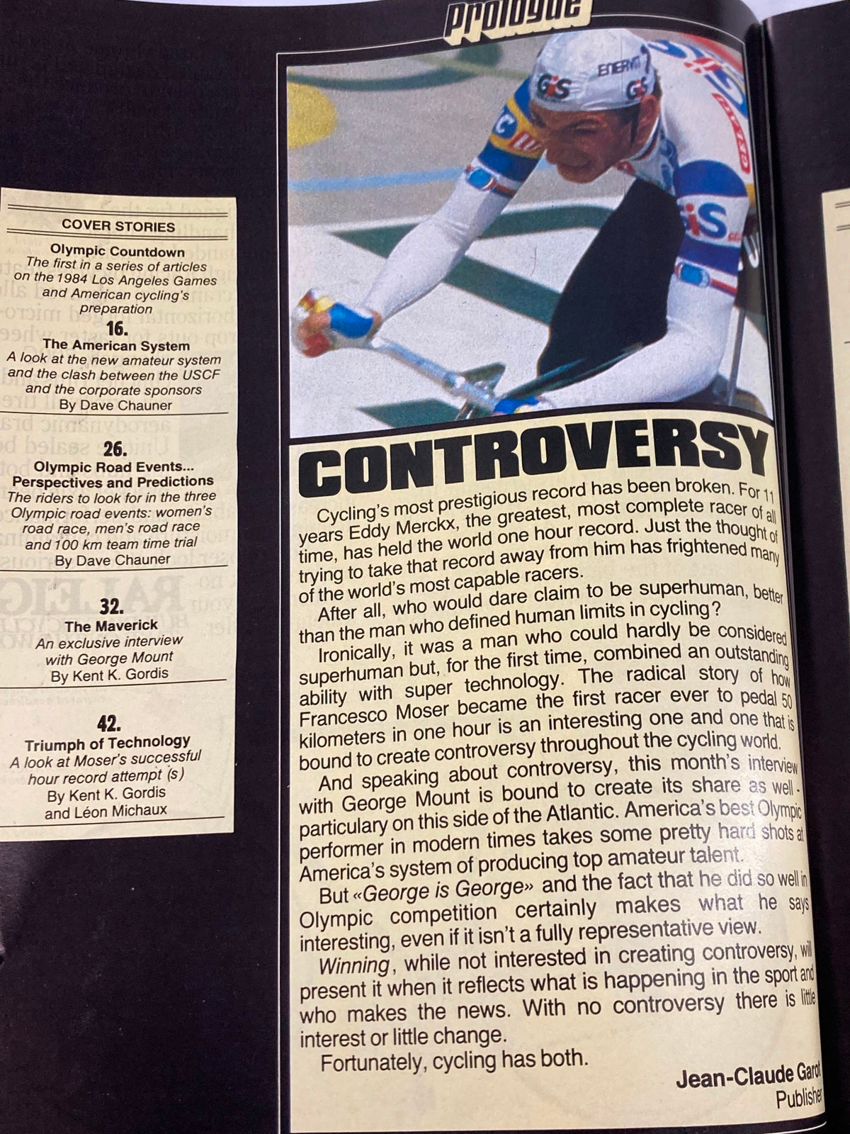 Interior page of Winning Bicycle Racing Illustrated April 1984 featuring an article on cycling controversy and competition, showcasing an athlete in action.