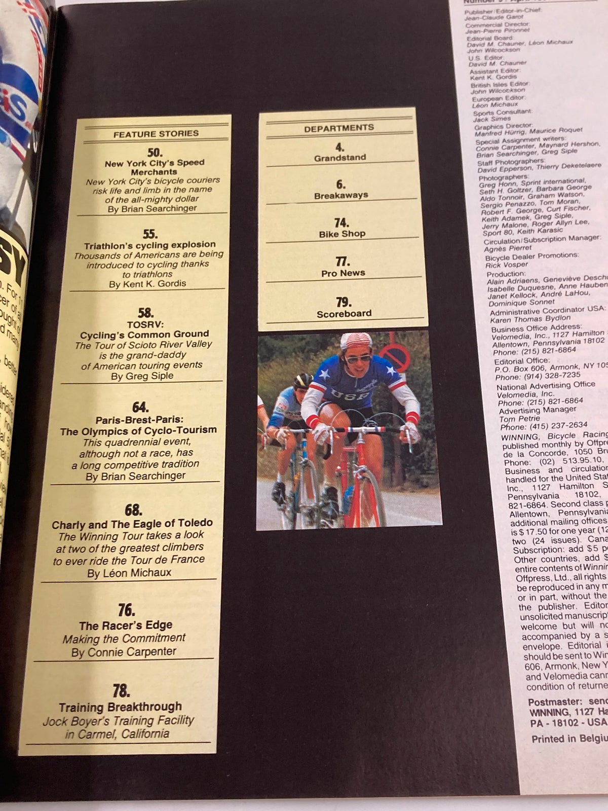 Another interior page of Winning Bicycle Racing Illustrated April 1984, detailing feature stories and departments with images of cyclists in competition.