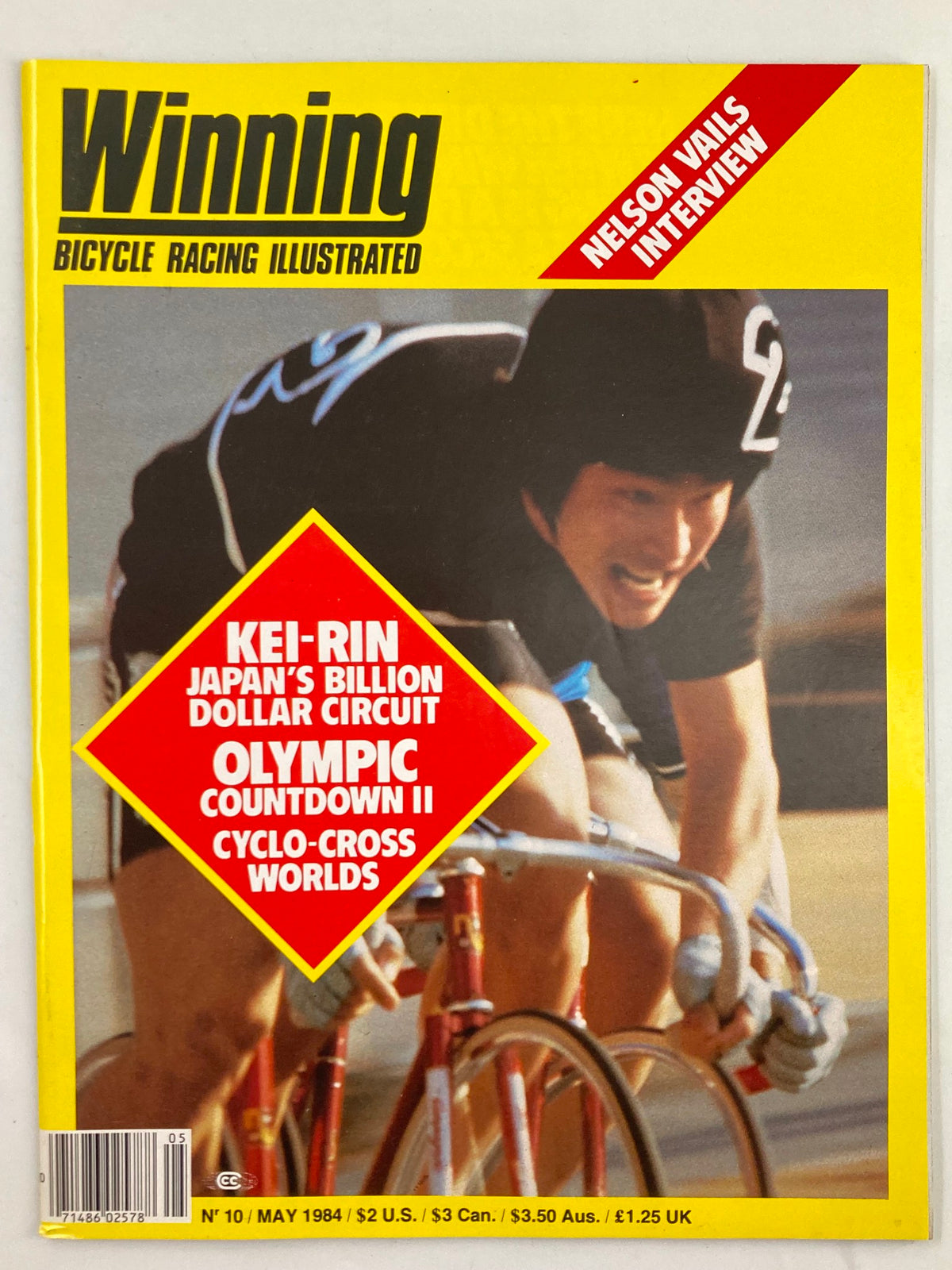 Cover of Winning Bicycle Racing Illustrated, May 1984 issue featuring Kei-Rin of Japan, showcasing a cyclist in action with a vibrant yellow background and bold text.