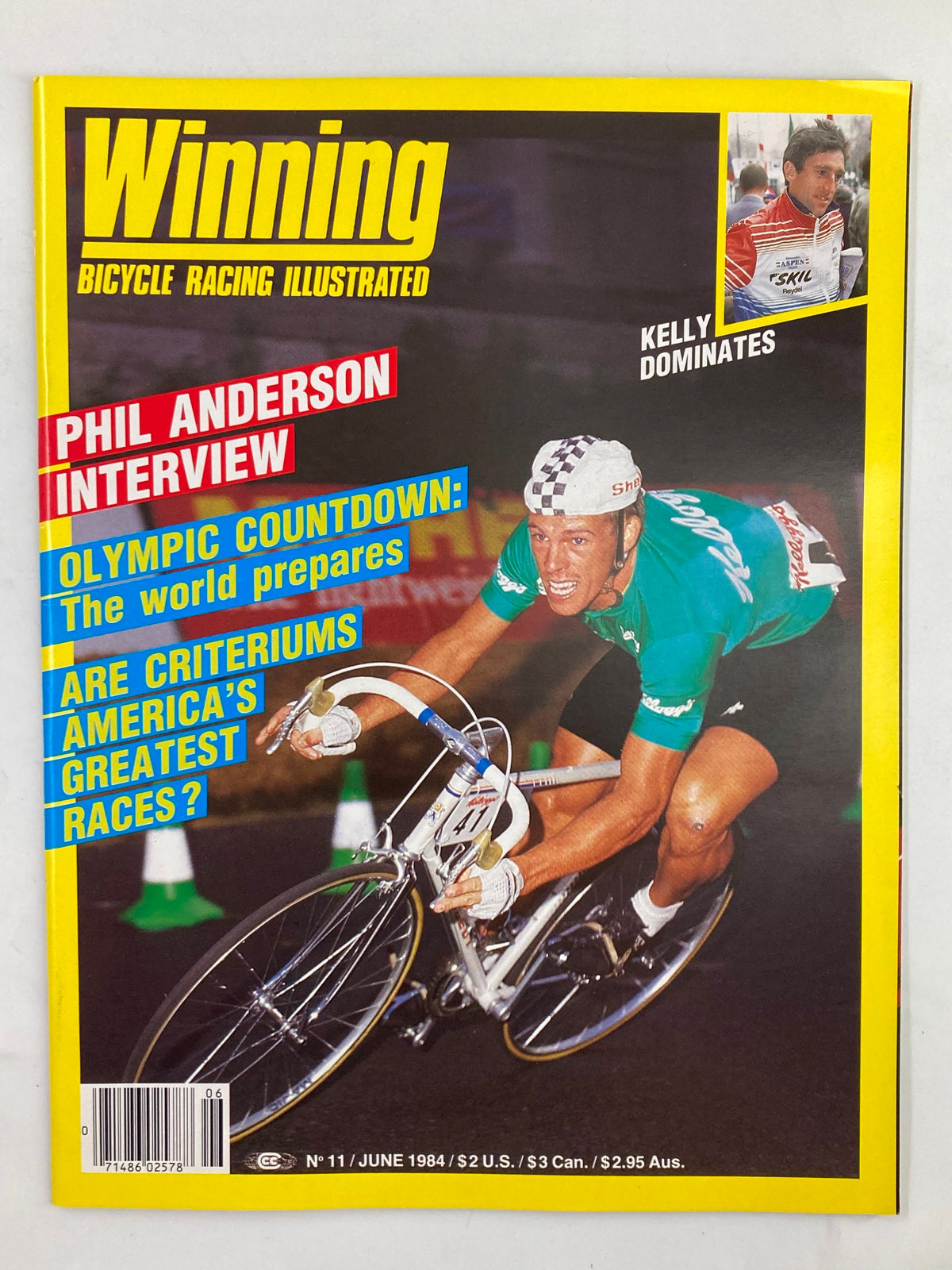 Winning Bicycle Racing Illustrated June 1984 cover featuring Phil Anderson, showcasing a cyclist in action with bold headlines about Olympic countdown and feature interviews.