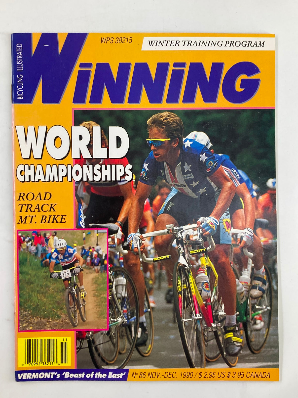 Cover of Winning Bicycle Racing Illustrated November 1990 #86 featuring Greg LeMond in action during a cycling race, showcasing vibrant colors and details of the magazine's title and content.