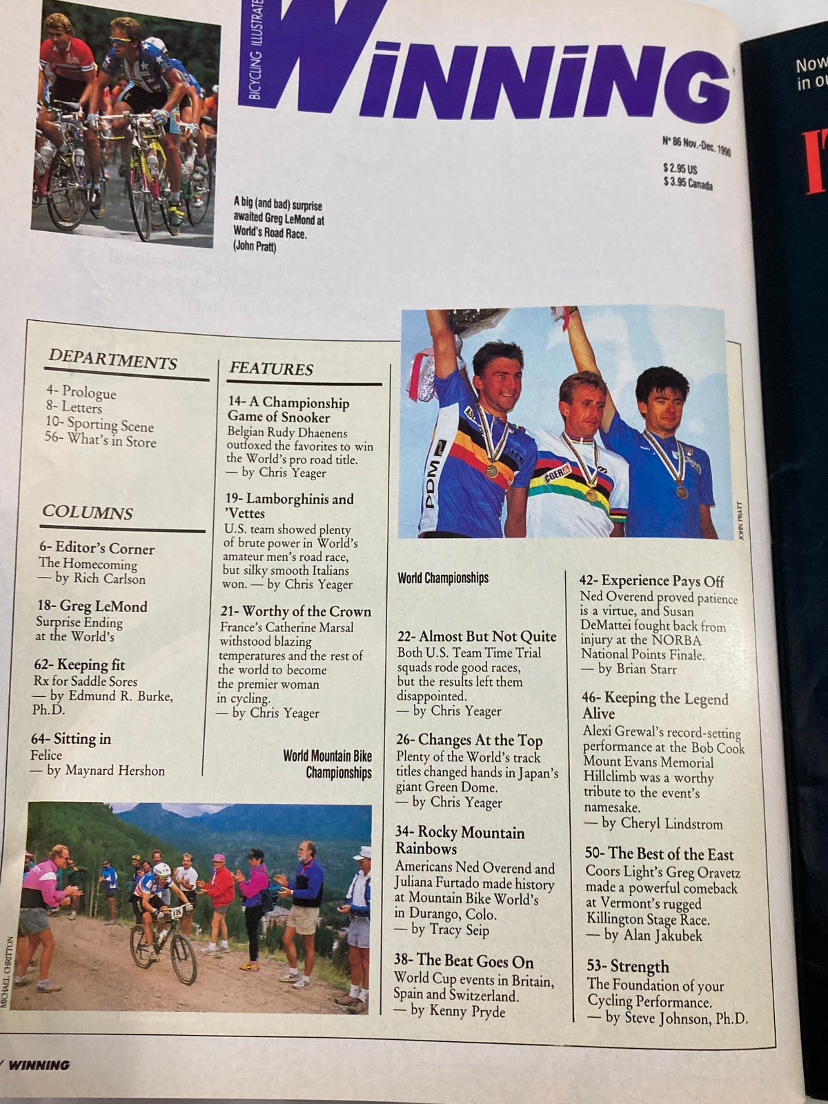 Inside page of Winning Bicycle Racing Illustrated November 1990 #86 displaying features and articles, including a photo of medal winners from a cycling championship, highlighting Greg LeMond's competitive significance.