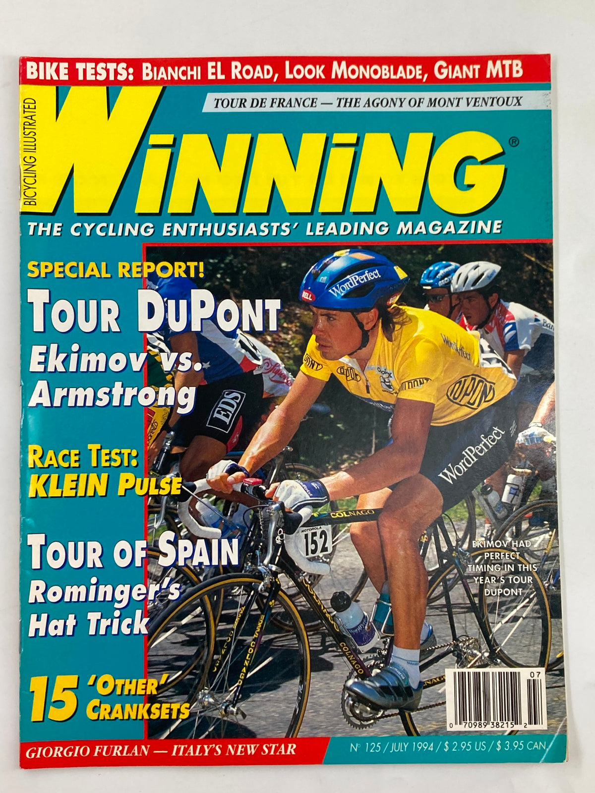 Cover of Winning Bicycle Racing Illustrated July 1994 #125 featuring Slava Ekimov, showcasing the excitement of cycling with bold graphics, headlines about Tour DuPont, and photos of competitive cyclists.