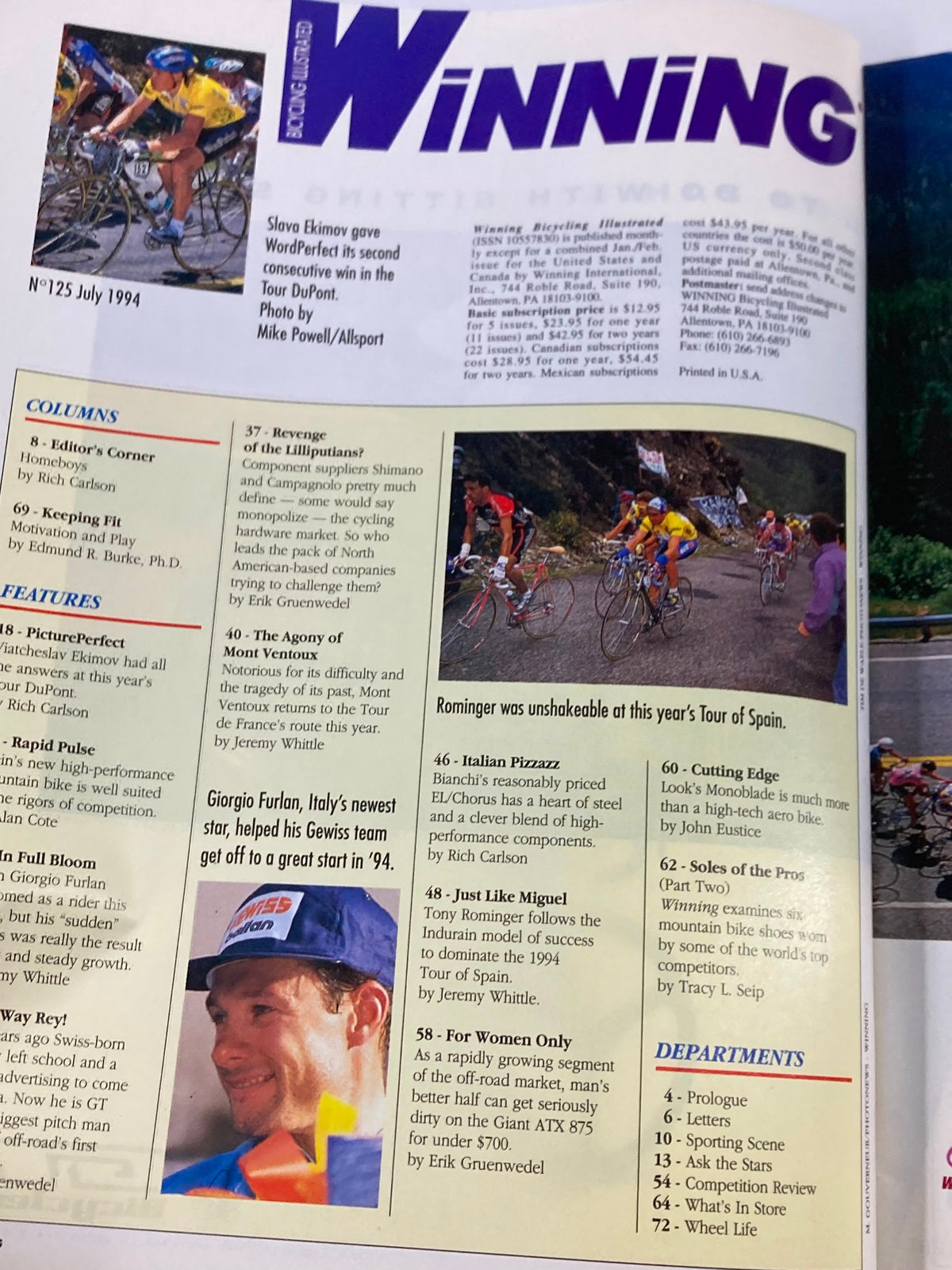 Illustration from Winning Bicycle Racing Illustrated, July 1994, issue #125 featuring Slava Ekimov's performance in the Tour DuPont, with articles on cycling techniques and notable athletes, providing a glimpse into mid-90s professional cycling culture.