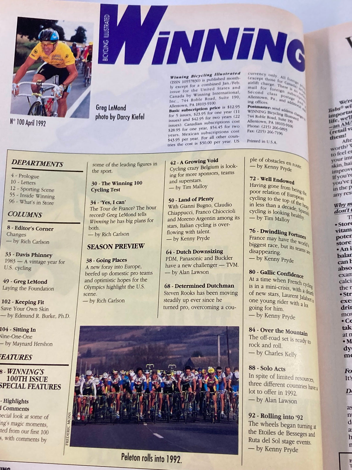 Inside page of Winning Bicycle Racing Illustrated April 1992 #100, showcasing an editorial introduction and a photograph of Greg LeMond, depicting the magazine's content on competitive cycling.