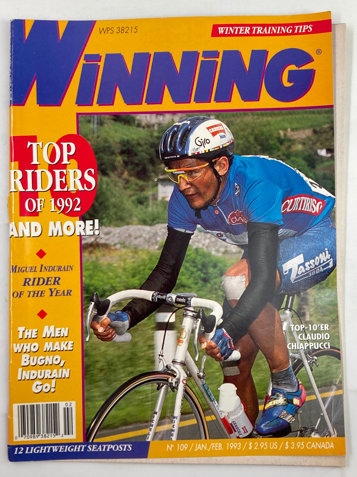 Winning Bicycle Racing Illustrated January 1993 #109 magazine cover featuring renowned cyclist Claudio Chiappucci in action during a road race.