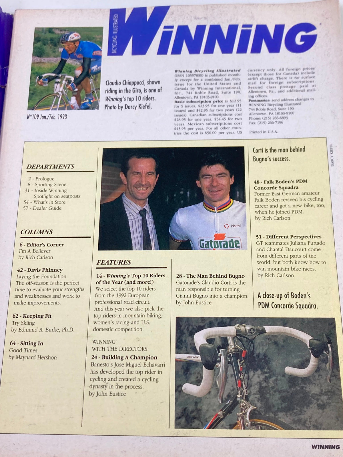 Inside page of Winning Bicycle Racing Illustrated January 1993 #109 showcasing features and articles, including a photo and information about cycling star Claudio Chiappucci.