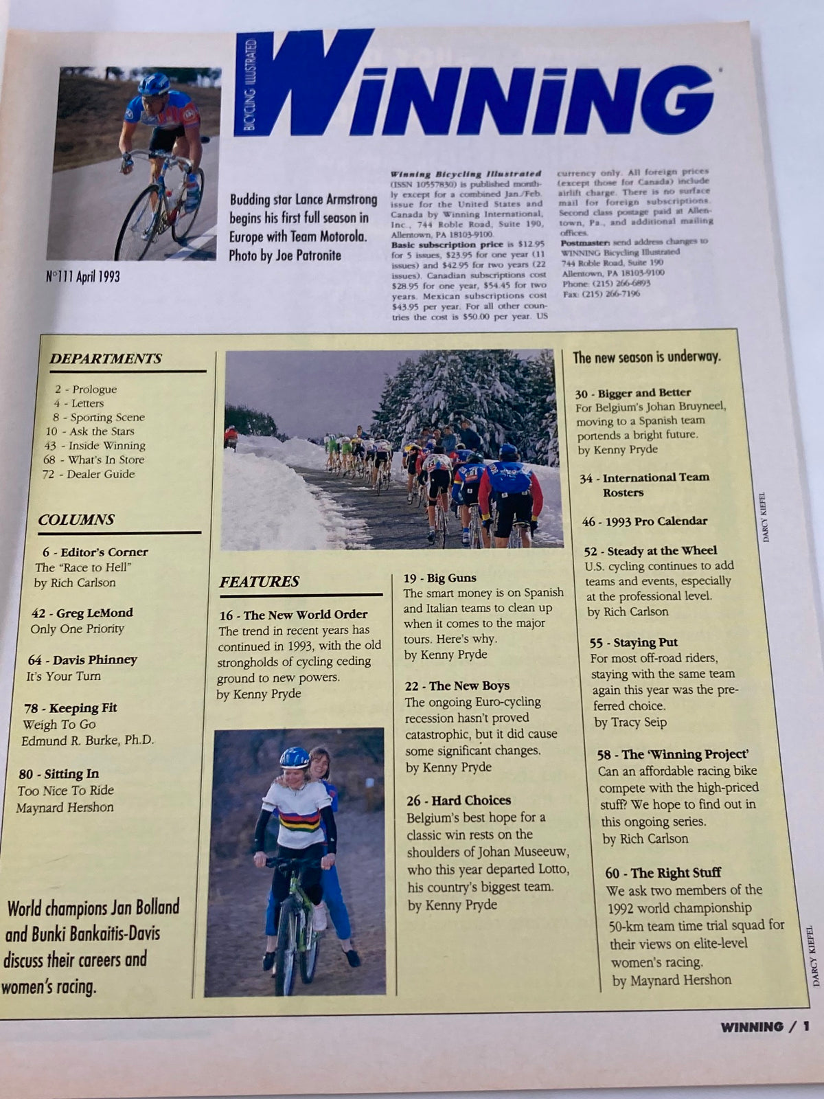 Interior page of Winning Bicycle Racing Illustrated, April 1993 issue #111. This page includes articles featuring Lance Armstrong and information on cycling teams, showcasing a historic moment in competitive cycling.