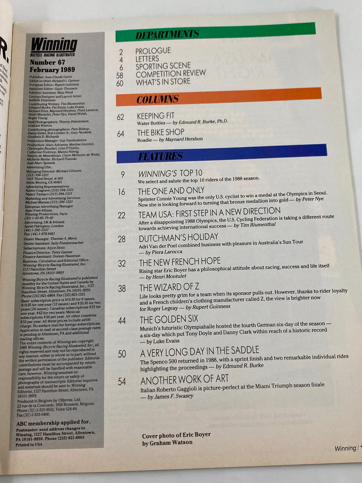 Interior page of the magazine VTG Winning Bicycle Racing Illustrated February 1989 No. 67, listing departments, columns, and features including articles on cycling topics and notable cyclists. This page reflects the magazine's content structure from the late 1980s.