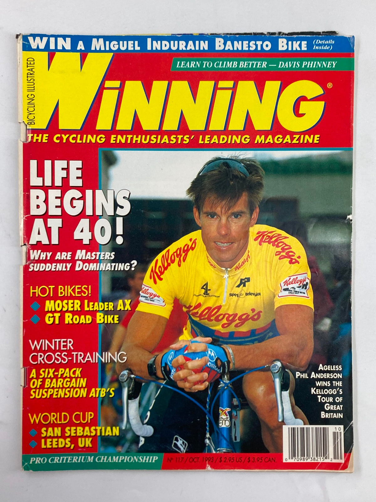 Cover of Winning Bicycle Racing Illustrated, October 1993 issue #117 featuring Phil Anderson, showcasing his cycling achievements and vibrant magazine design with cycling-related articles.