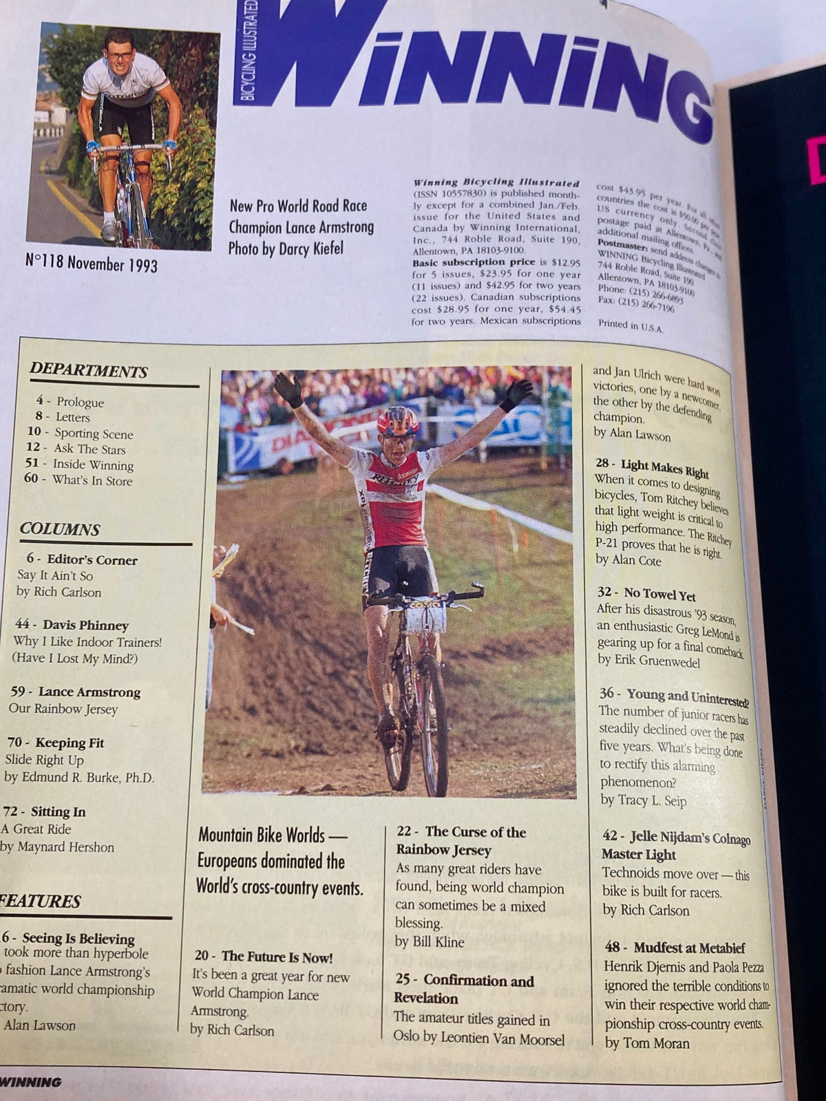 Interior page from Winning Bicycle Racing Illustrated November 1993, highlighting articles and features about Lance Armstrong and competitive cycling events.