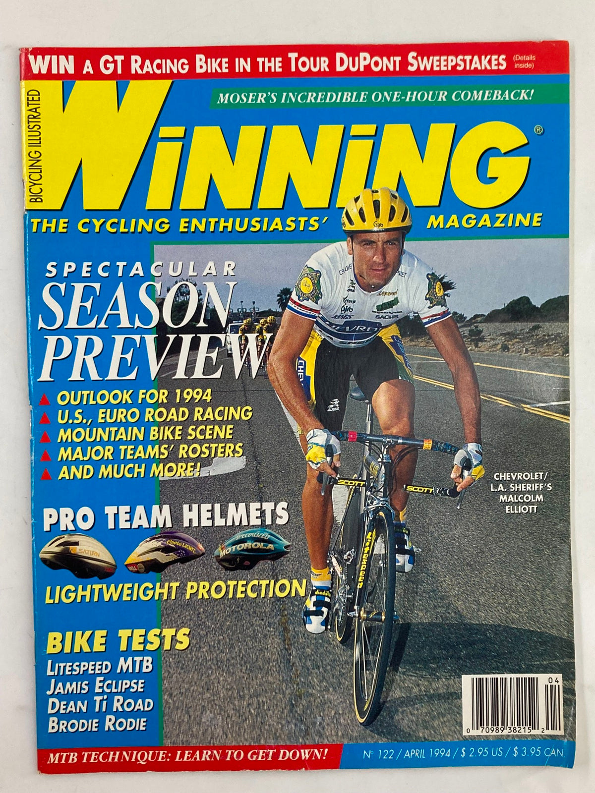 Cover of Winning Bicycle Racing Illustrated, April 1994 edition featuring cyclist Malcolm Elliott. The magazine showcases bicycle racing insights and is a collectible item for vintage cycling enthusiasts.