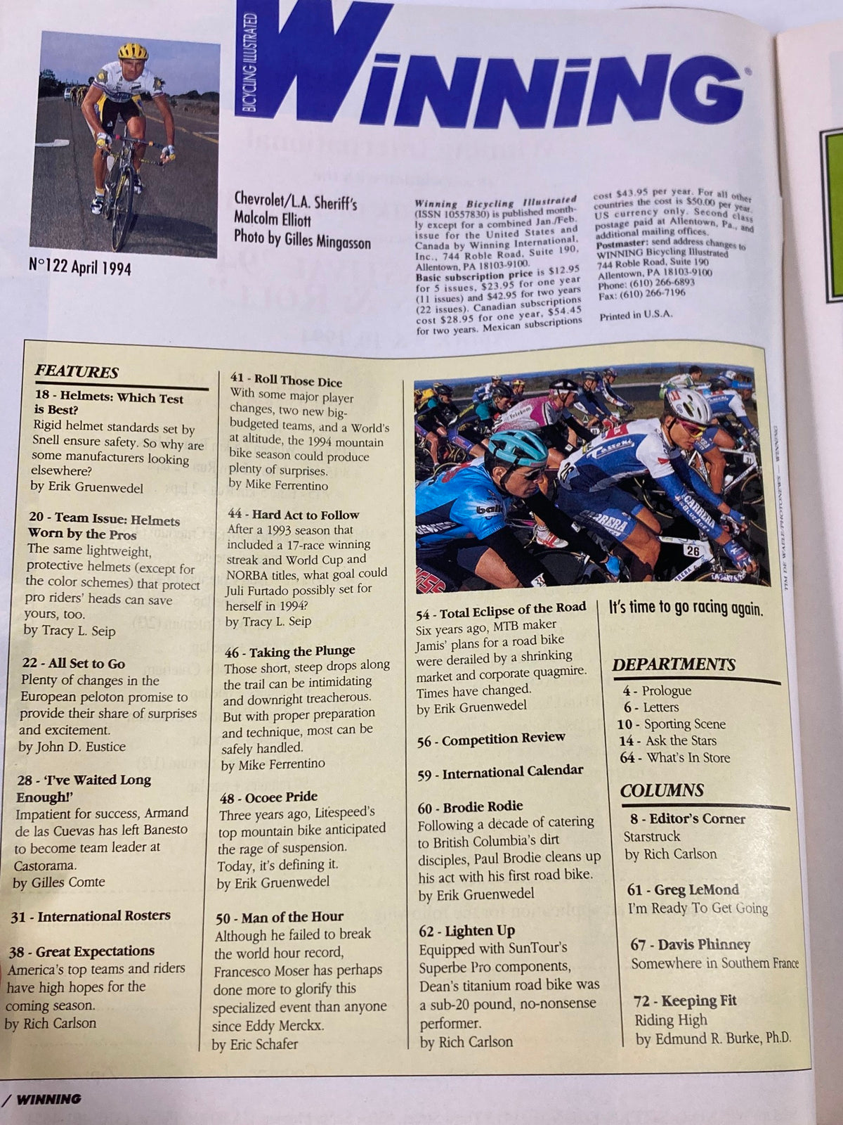 Interior page of Winning Bicycle Racing Illustrated, April 1994, displaying articles and features related to cycling and major events in the sport. This magazine is a historical reference for cycling collectors.