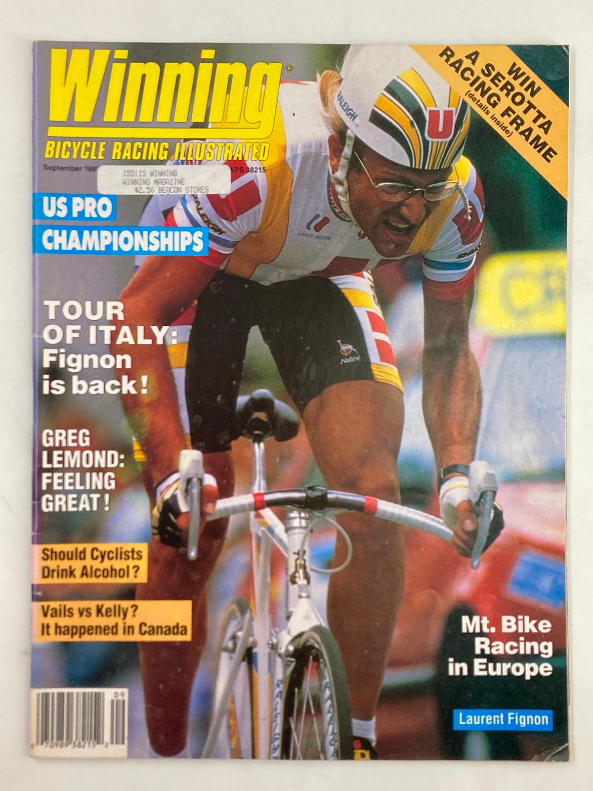 Cover of the September 1989 issue of Winning Bicycle Racing Illustrated featuring Laurent Fignon, showcasing a competitive cyclist in action during the US Pro Championships. The magazine highlights topics such as the Tour of Italy and includes articles about prominent cyclists of the era.