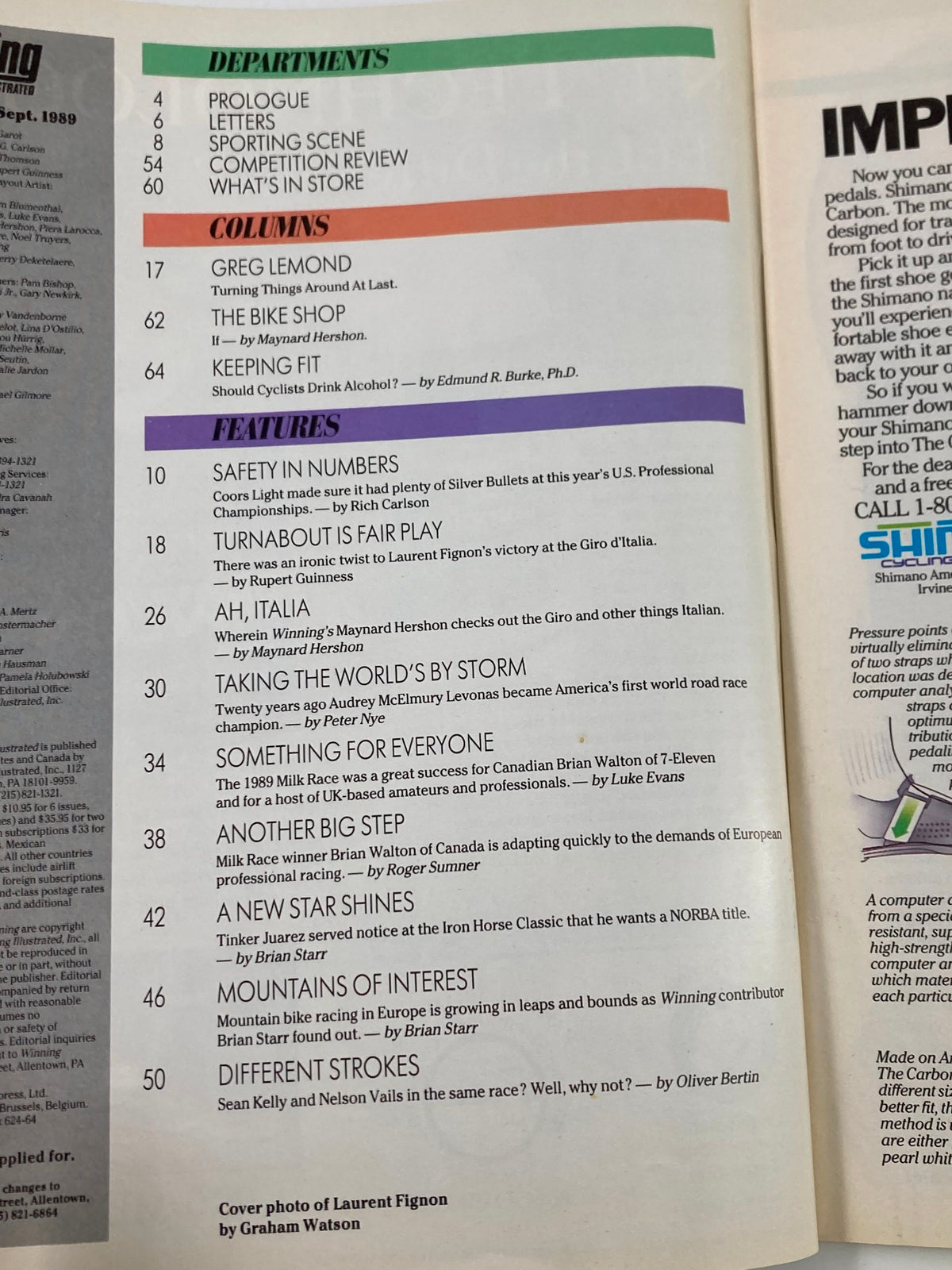 Table of contents from the September 1989 edition of Winning Bicycle Racing Illustrated, listing articles and features about cycling, including sections on Greg LeMond and the Giro d'Italia.