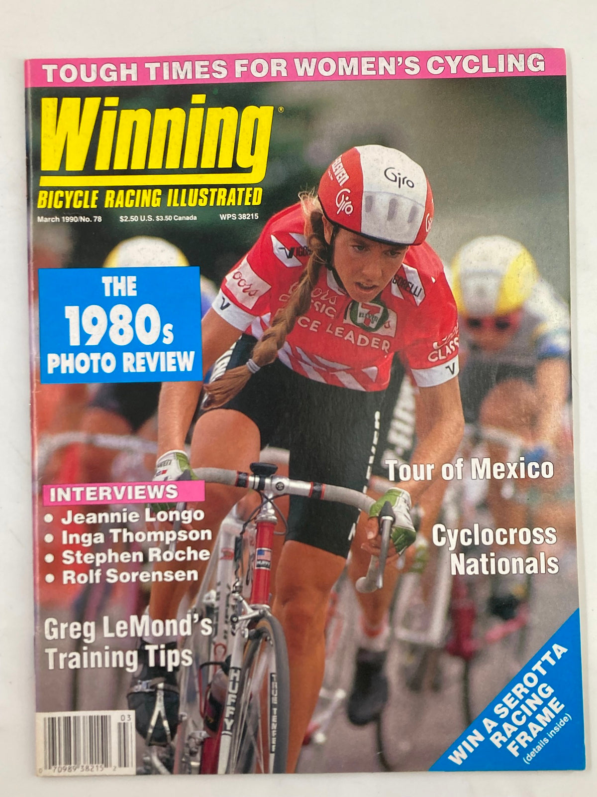 Cover of Winning Bicycle Racing Illustrated March 1990 issue featuring Ingna Thompson, highlighting women's cycling and interviews with prominent cyclists.
