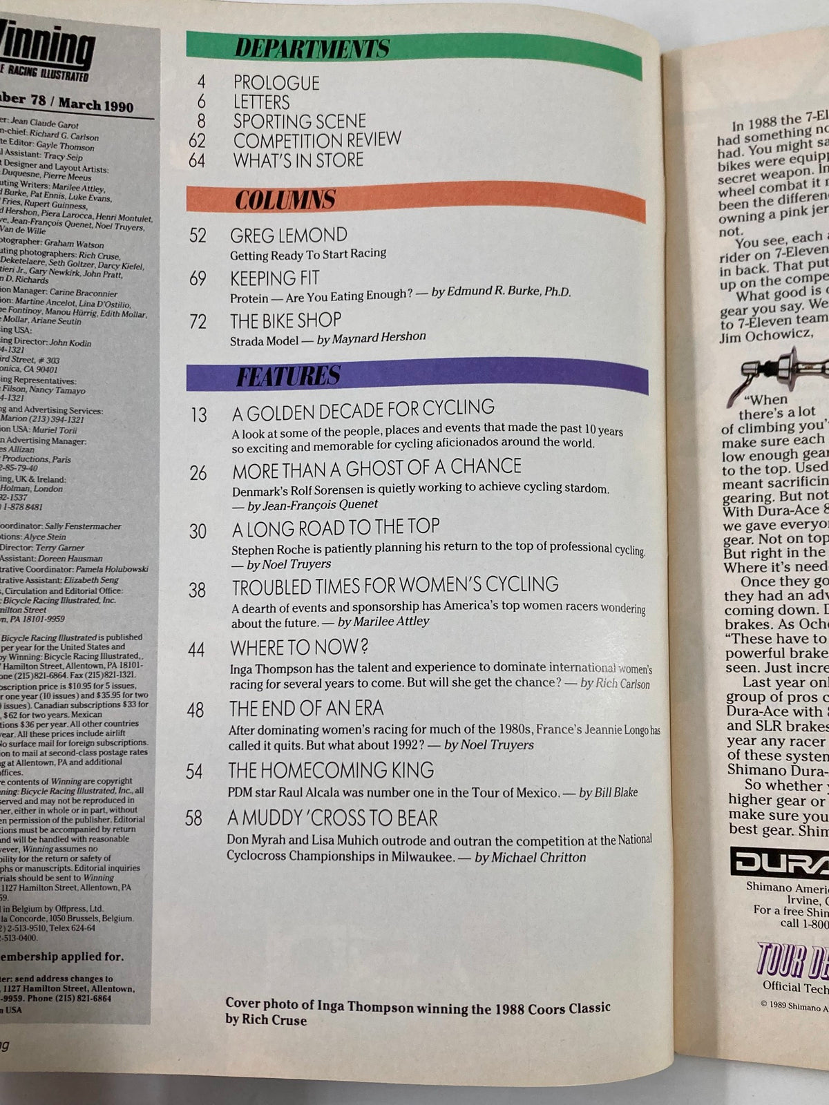 Inside pages of Winning Bicycle Racing Illustrated March 1990, featuring content layout and articles, showcasing cycling history and profiles of athletes.