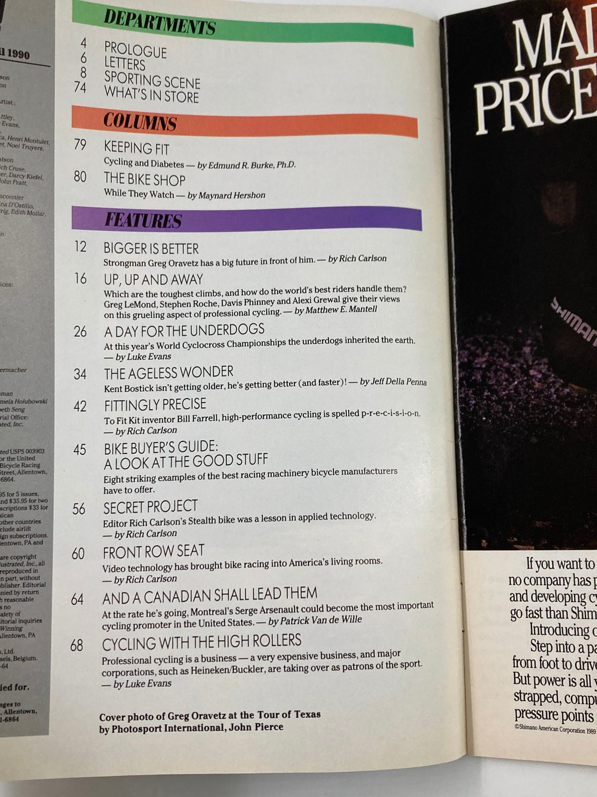 Table of Contents for Winning Bicycle Racing Illustrated April 1990 #79, showcasing featured articles and topics related to professional cycling.
