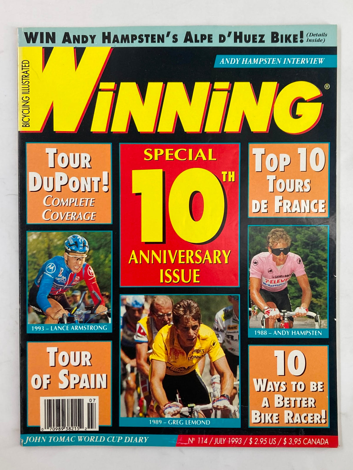 Winning Bicycle Racing Illustrated July 1993 #114 cover featuring Lance Armstrong alongside other cyclists. A special 10th anniversary issue highlighting major cycling events.