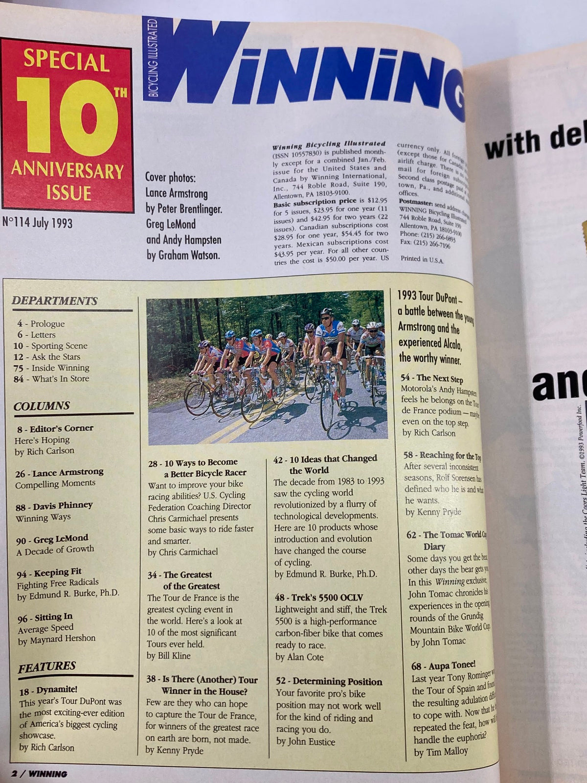 Inside page of Winning Bicycle Racing Illustrated July 1993 #114 showcasing articles related to cycling, featuring Lance Armstrong and sections on cycling improvement.