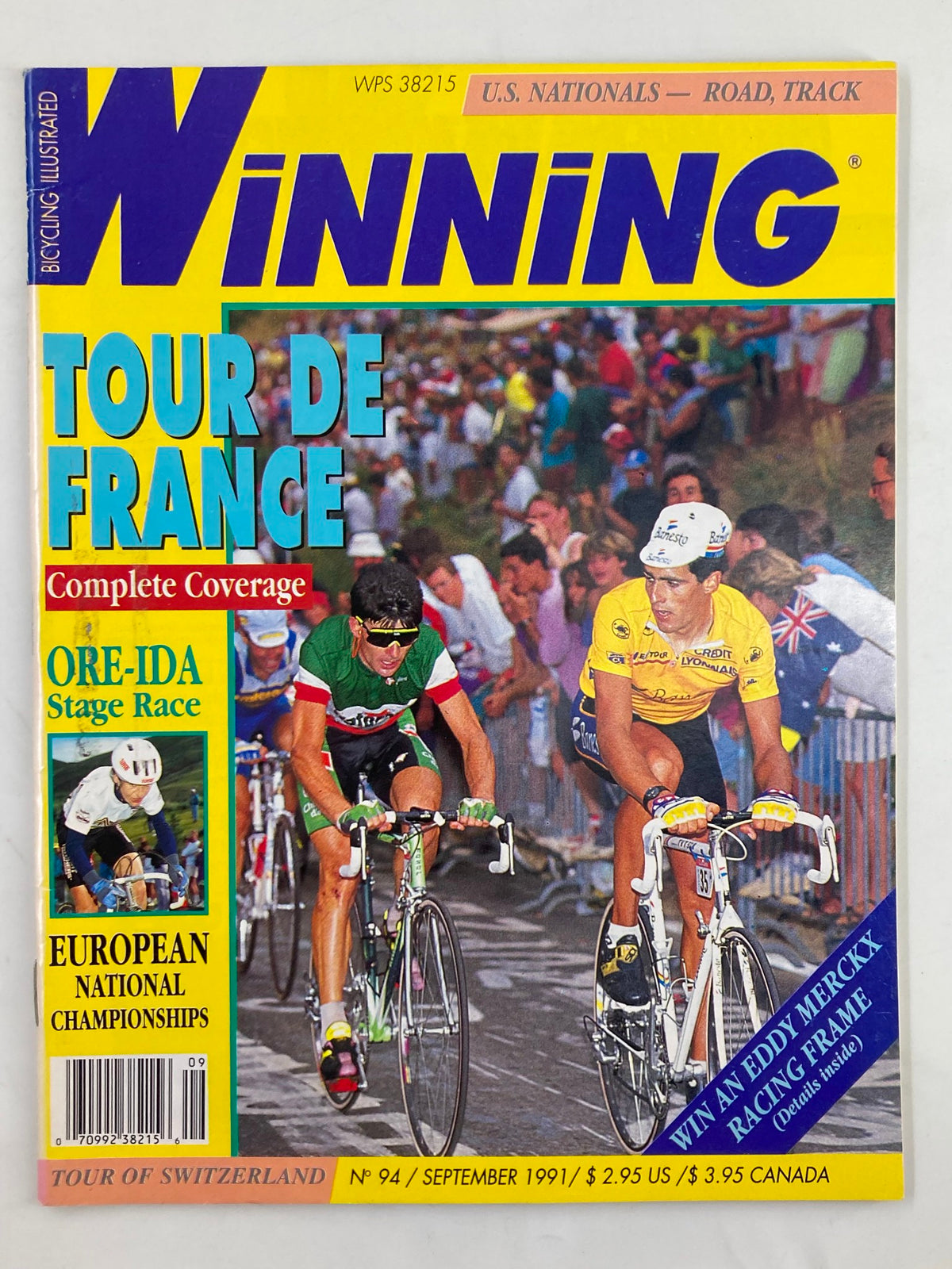 Cover of the Winning Bicycle Racing Illustrated magazine from September 1991, featuring the Tour de France. The vibrant cover showcases cyclists racing, emphasizing the excitement of competitive cycling.