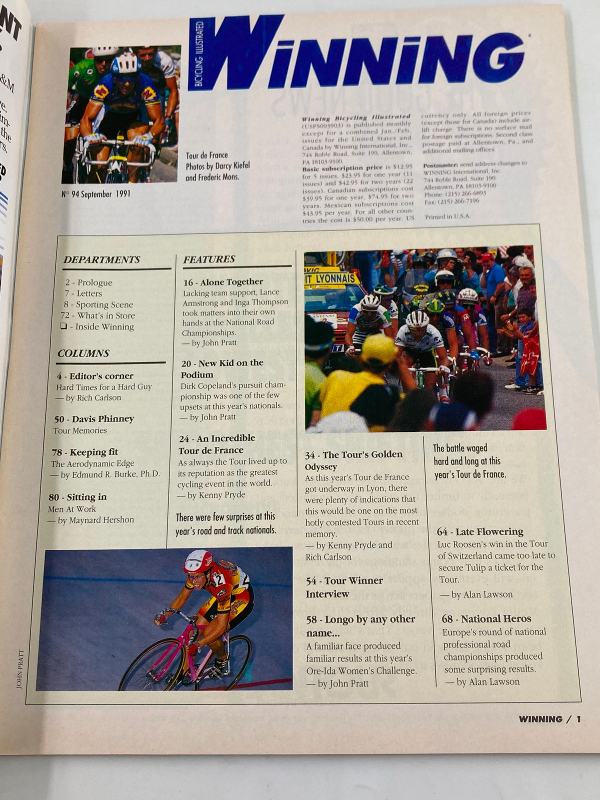Interior page of the Winning Bicycle Racing Illustrated magazine from September 1991, highlighting features about the Tour de France and cycling events. The layout includes articles and photographs capturing the essence of the sport.