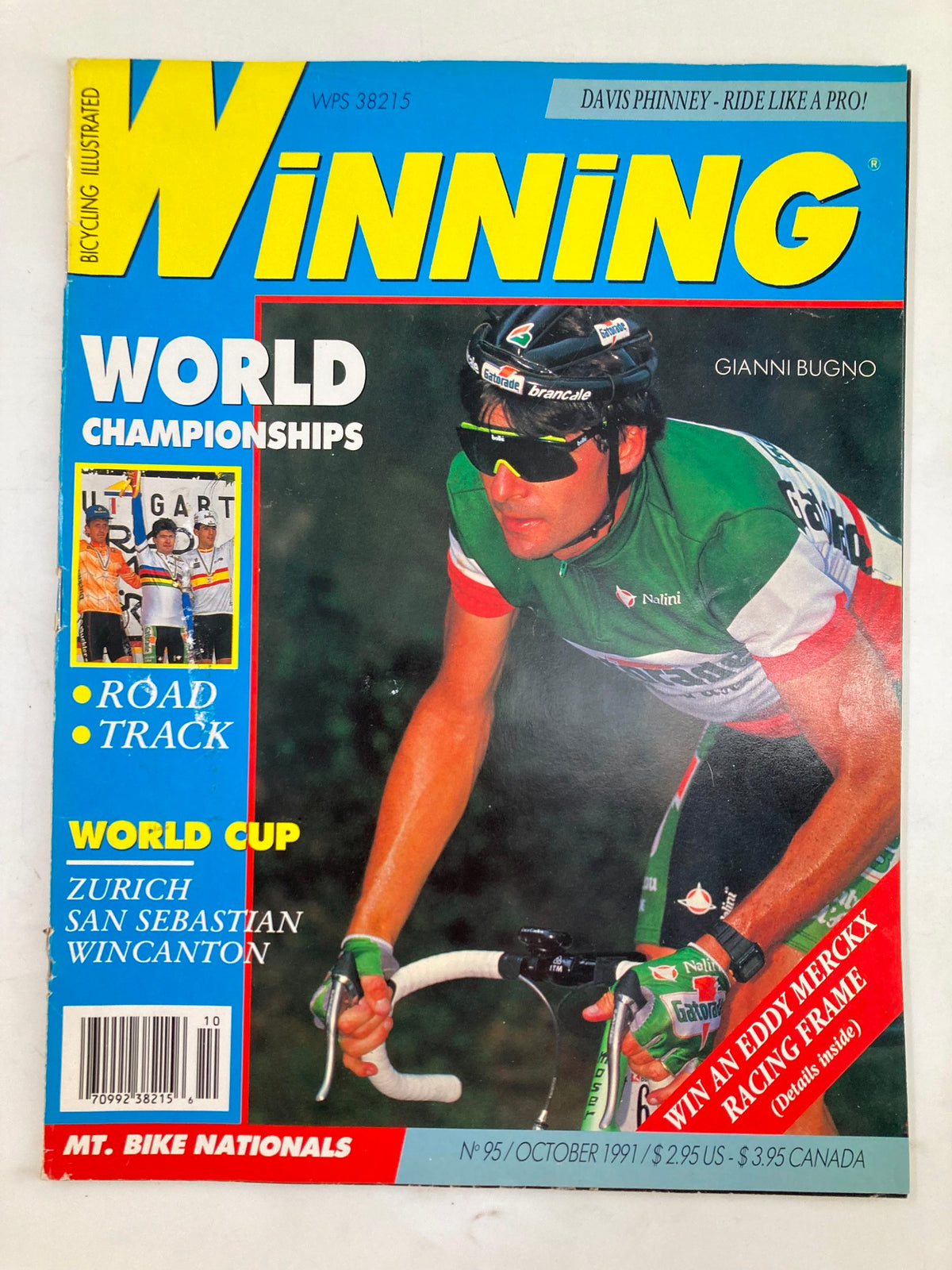 Cover of Winning Bicycle Racing Illustrated, October 1991, featuring Gianni Bugno, a prominent cyclist in a green jersey. The magazine highlights the World Championships and details about the World Cup in Zurich and San Sebastian.