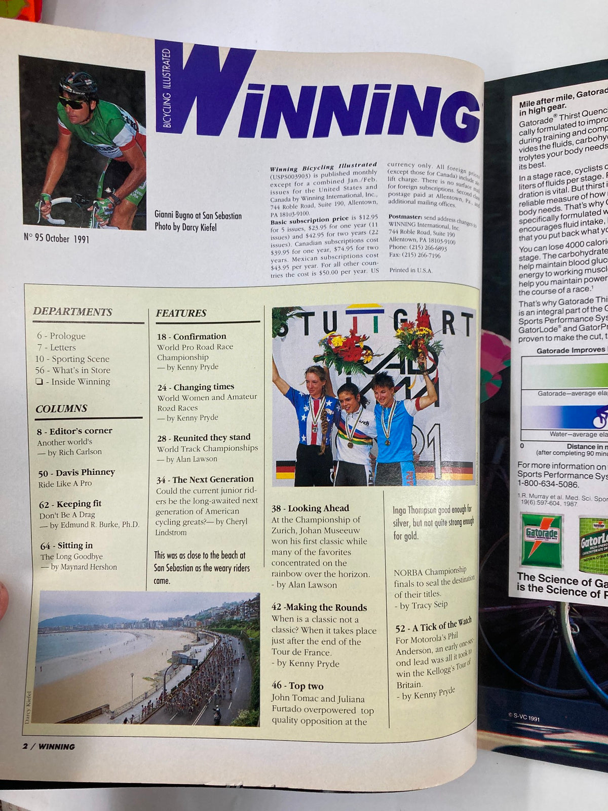 Inside page of Winning Bicycle Racing Illustrated, October 1991, showcasing articles and features about cycling events. The page includes a photo of Gianni Bugno at San Sebastian and highlights topics covered in the magazine.