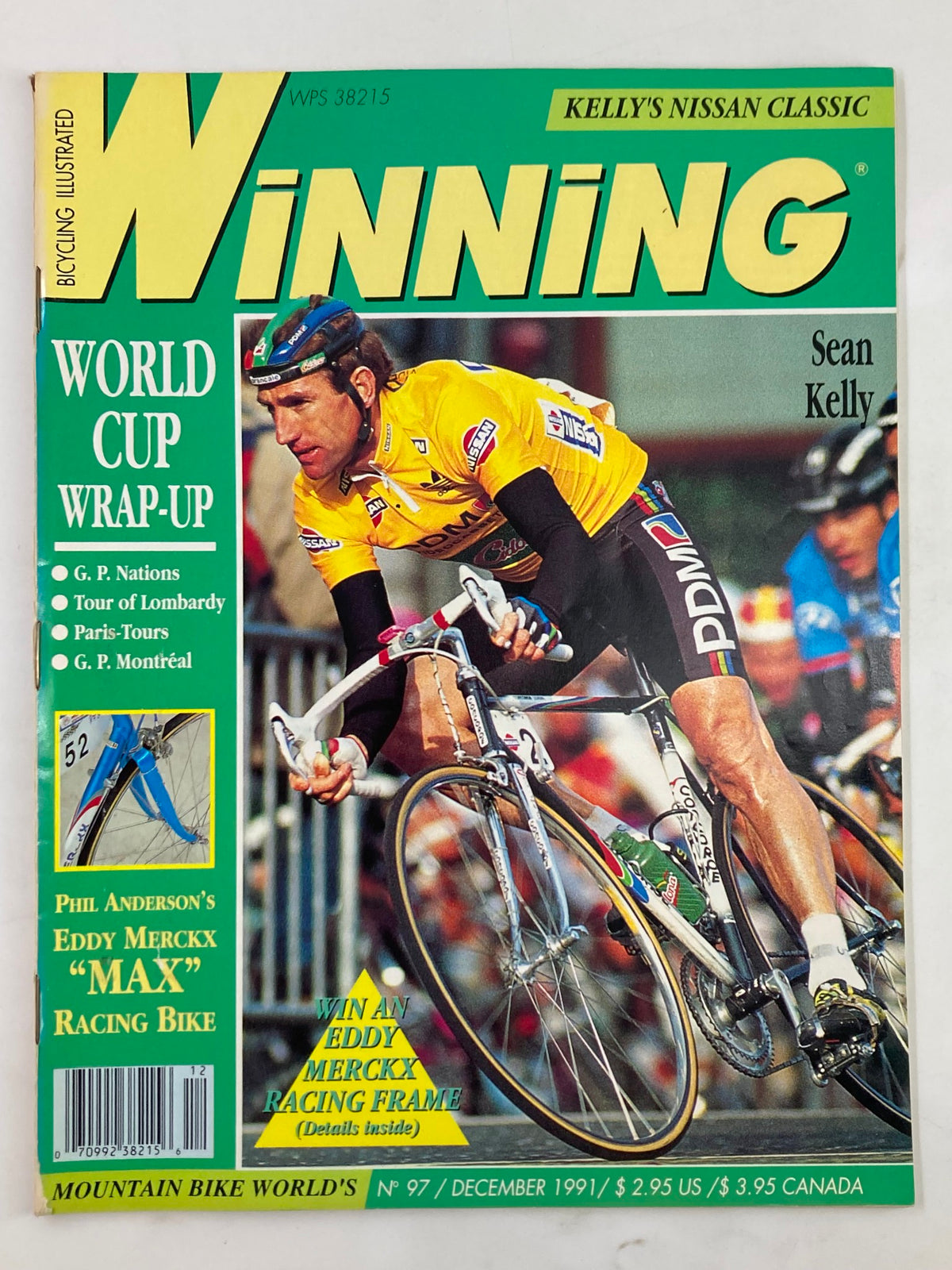 Cover of Winning Bicycle Racing Illustrated December 1991 issue #97 featuring Sean Kelly in cycling attire during a race, with bold text highlighting 'World Cup Wrap-Up' and details on Eddy Merckx's bicycle.