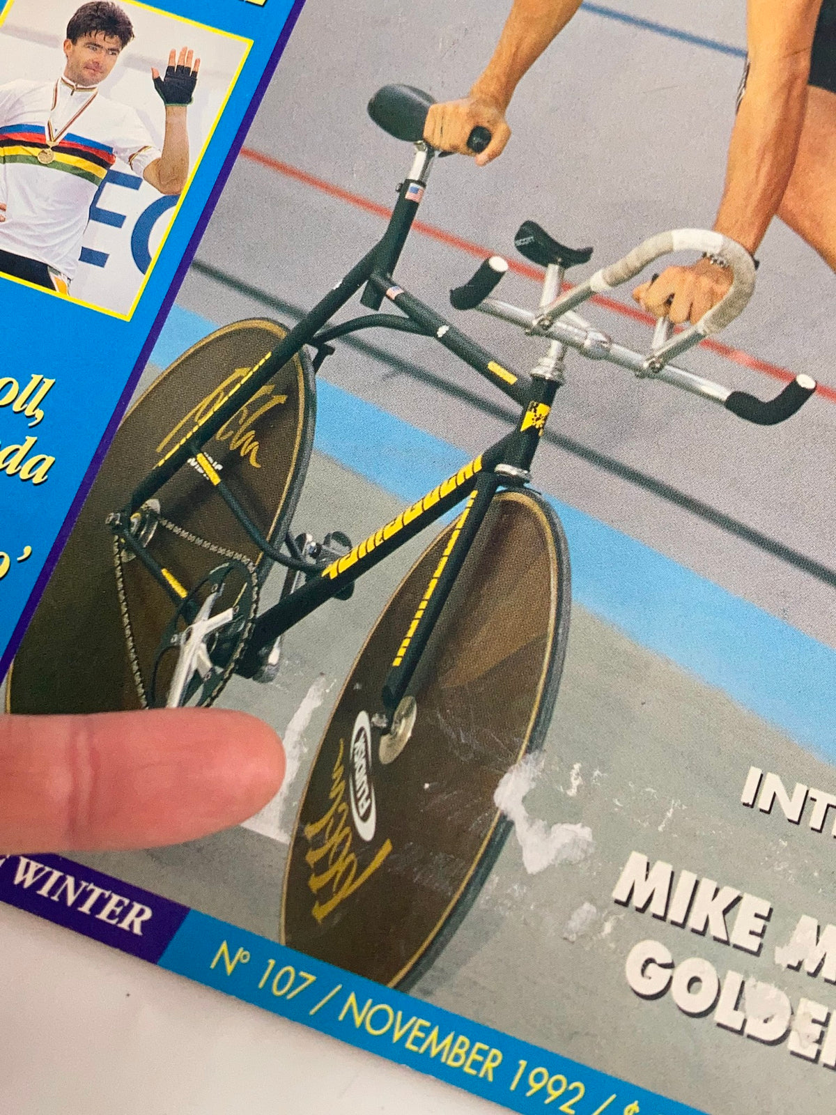 Cover of the November 1992 issue of Winning Bicycle Racing Illustrated featuring a close-up of Mike McCarthy's racing bike. The magazine highlights the World Champion with vibrant graphics.