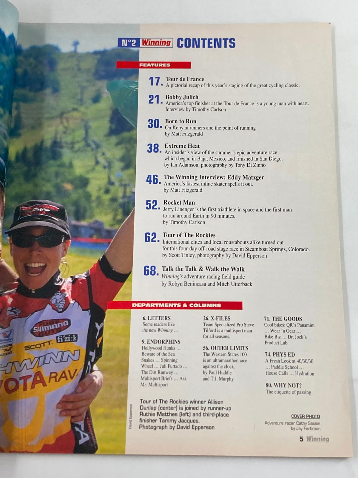 Contents page of Winning Bicycle Racing Illustrated, Fall 1997, Issue #2 showcasing features like Tour de France and Bobby Julich interview.
