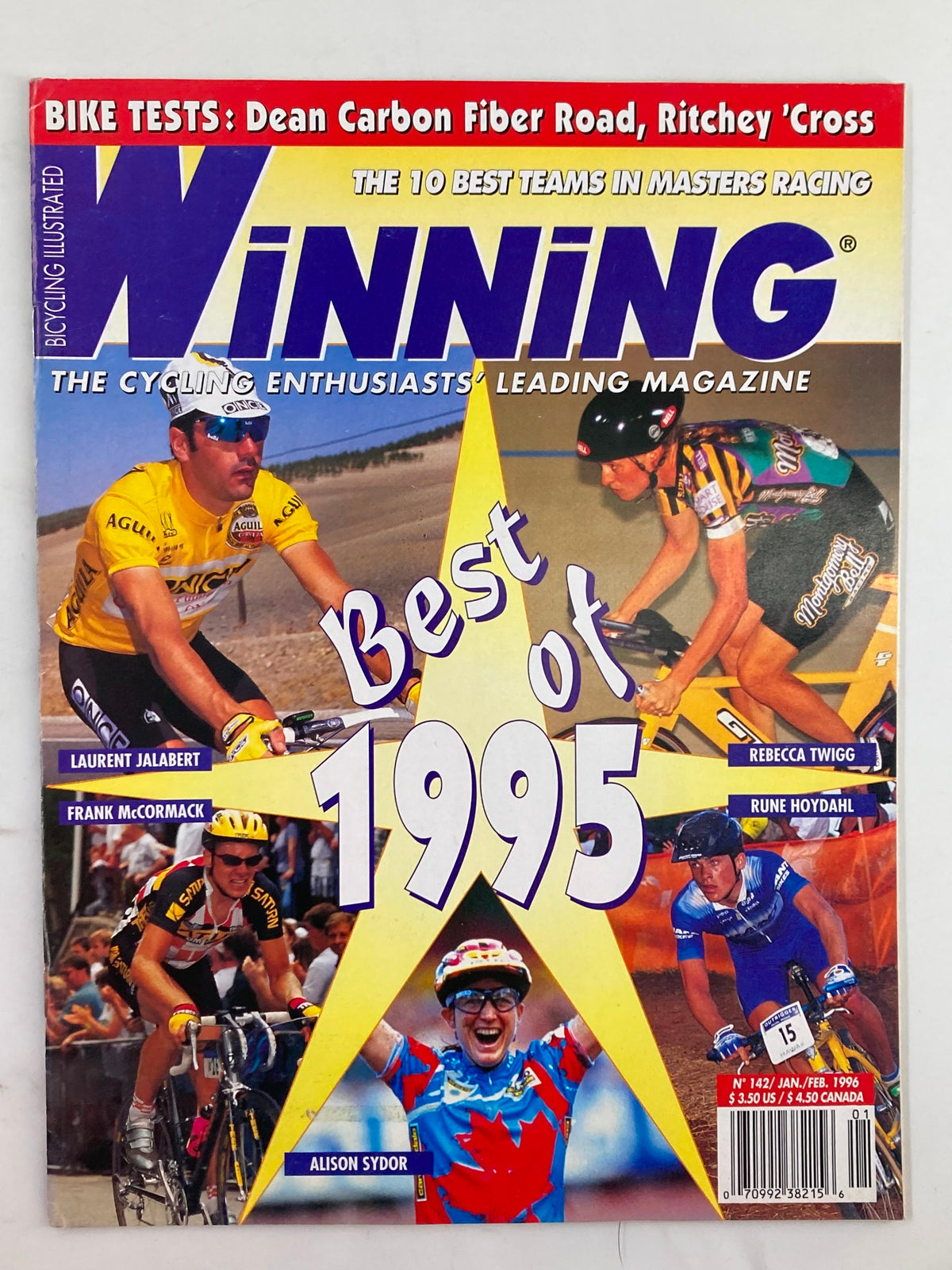 January 1996 issue of Winning Bicycle Racing magazine, No. 142, featuring Laurent Jalabert on the cover, highlighting cycling culture with exciting visuals and prominent cyclists.