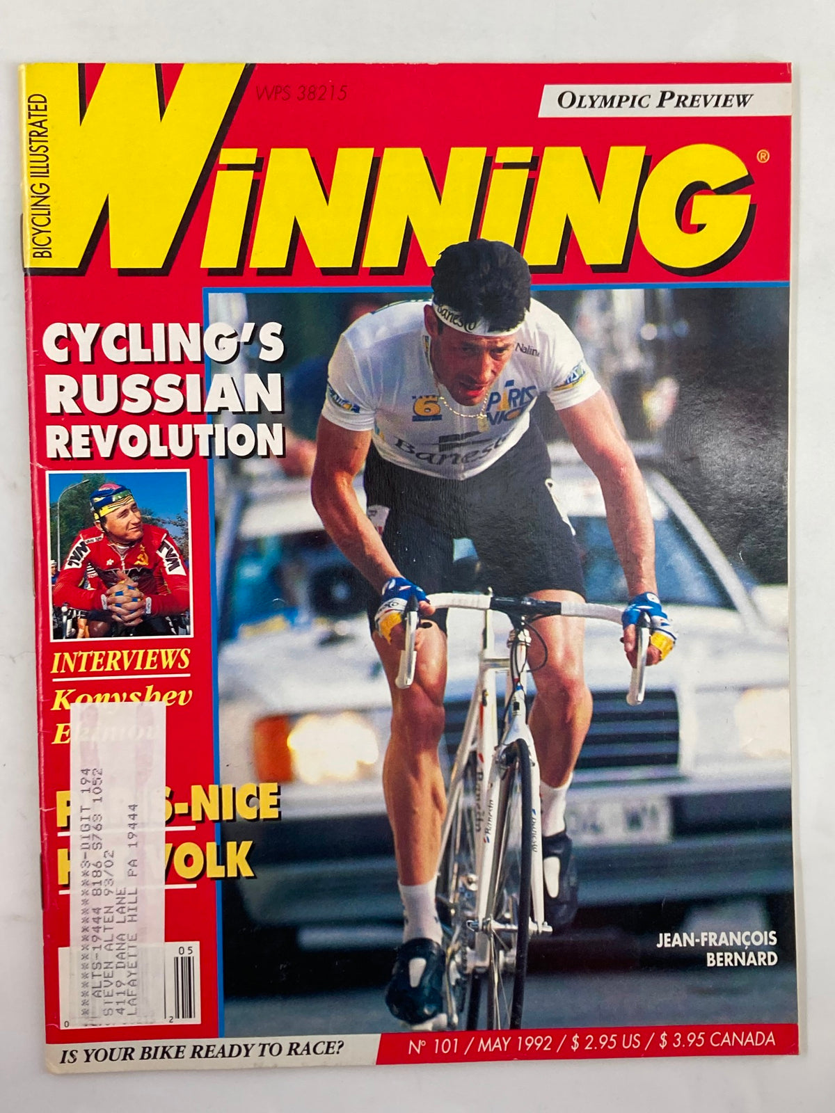 Cover of Winning Bicycle Racing Illustrated May 1992 No. 101 featuring Jean-Francois Bernard, showcasing vibrant colors, cycling theme, and content about Olympic Preview and Russian cycling revolution.