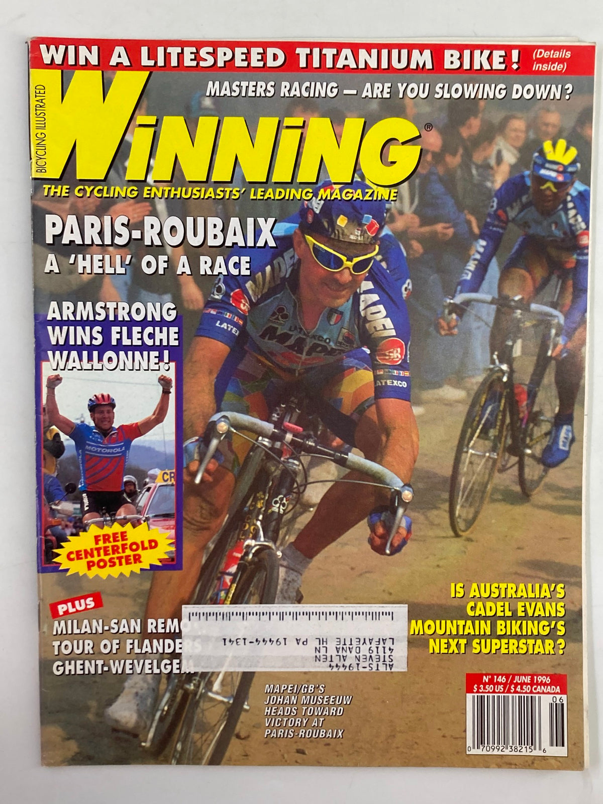 Cover of Winning Bicycle Racing Illustrated June 1996 No. 146, featuring Johan Museeuw in a cycling competition, highlighting the Paris-Roubaix race and the cycling legends such as Lance Armstrong.