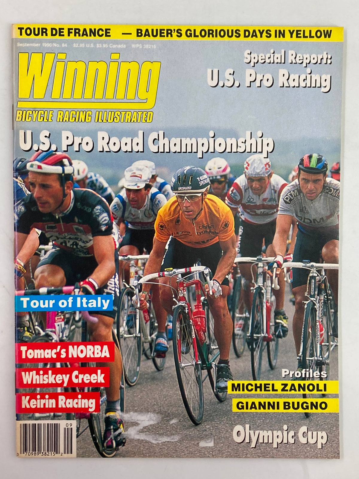 Cover of Winning Bicycle Racing Illustrated, September 1990, Issue No. 84 featuring U.S. Pro Road Championship, cycling competition, and notable cyclists including Steve Bauer.