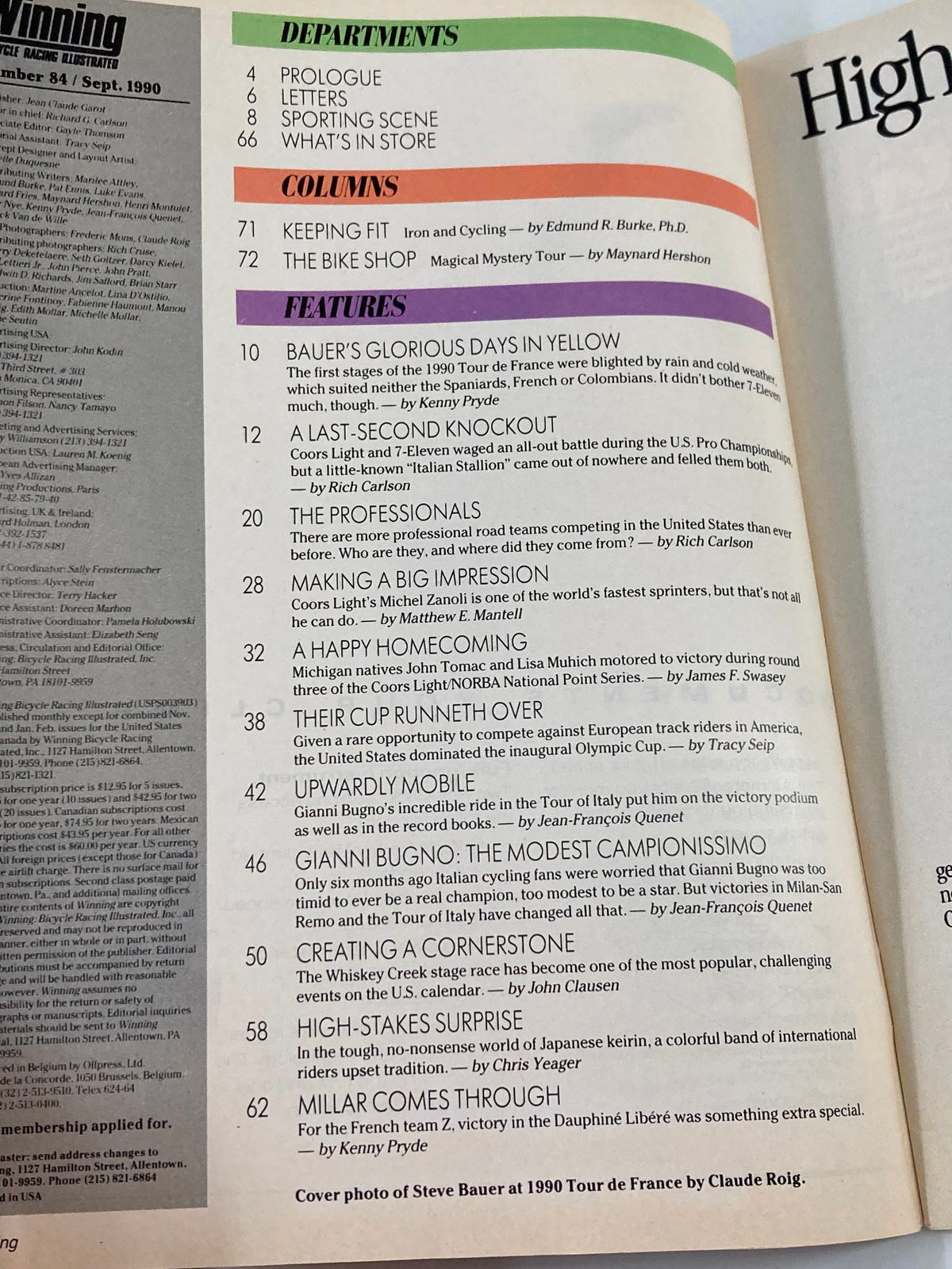 Table of contents from Winning Bicycle Racing Illustrated September 1990, highlighting feature articles and departments related to cycling events and athlete profiles.