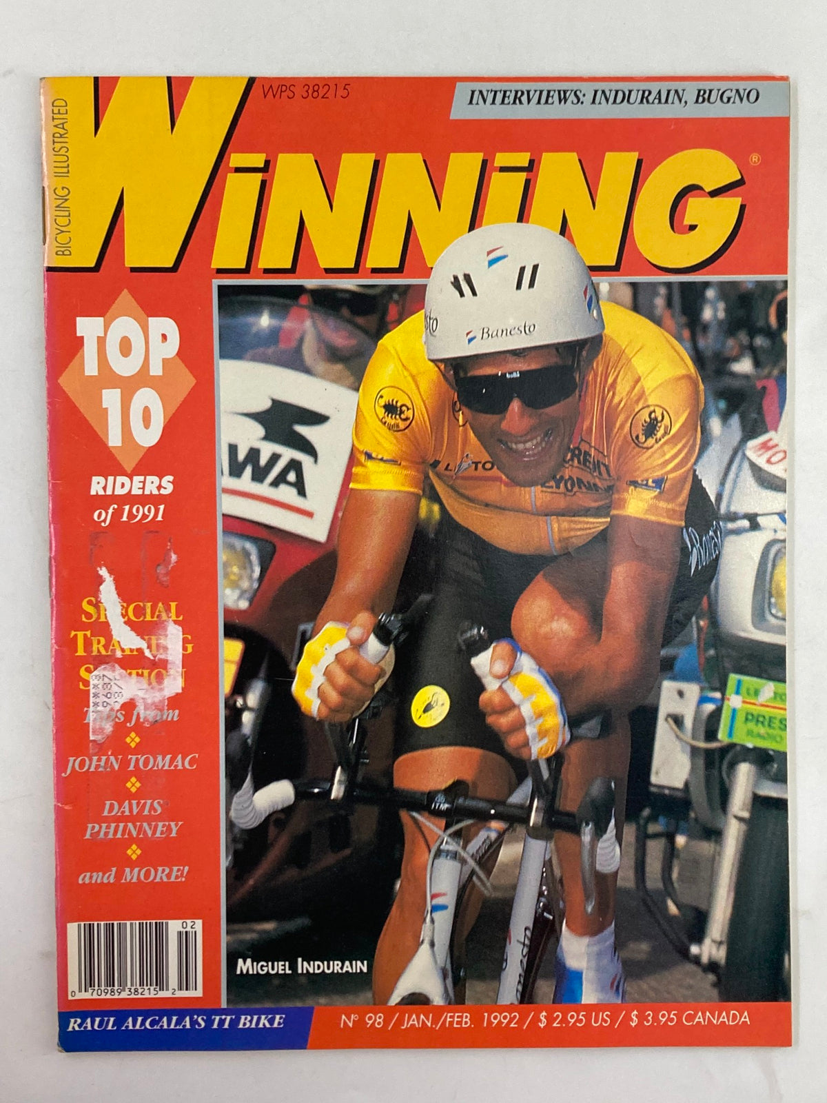 Cover of Winning Bicycle Racing Illustrated January 1992 No. 98 featuring Miguel Indurain, showcasing the top 10 riders of 1991 in vibrant colors.
