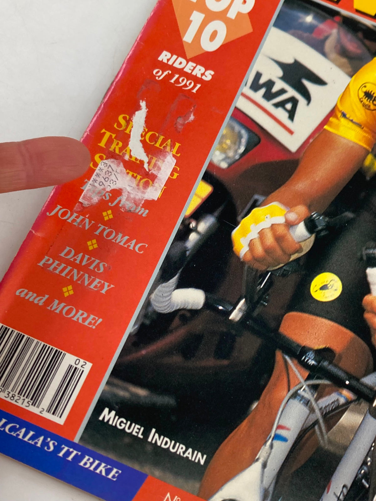 Close-up of the cover of Winning Bicycle Racing Illustrated January 1992 No. 98 highlighting Miguel Indurain, with a focus on the special training segment featuring John Tomac and Davis Phinney.