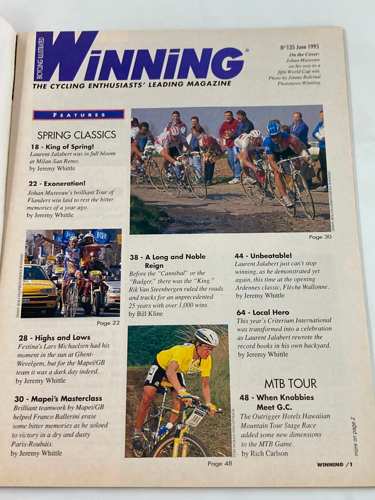 Cover of Winning Bicycle Racing Illustrated June 1995 No. 135, featuring Johan Museeuw on his way to a fifth World Cup victory. The magazine includes sections on spring classics and cycling insights.