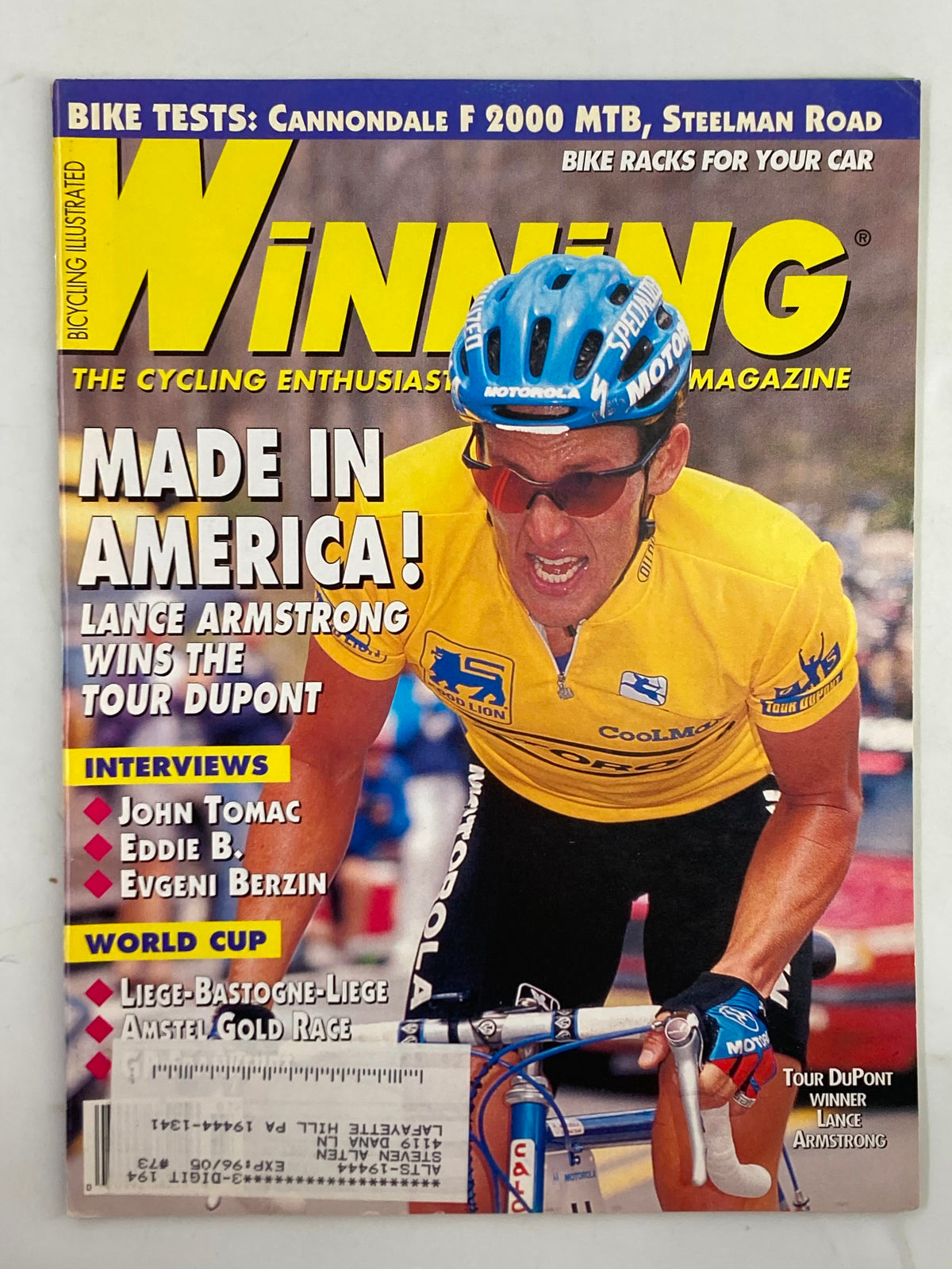 Winning Bicycle Racing Illustrated July 1995 No. 136 cover featuring Lance Armstrong celebrating his Tour DuPont victory, showcasing the excitement of competitive cycling.